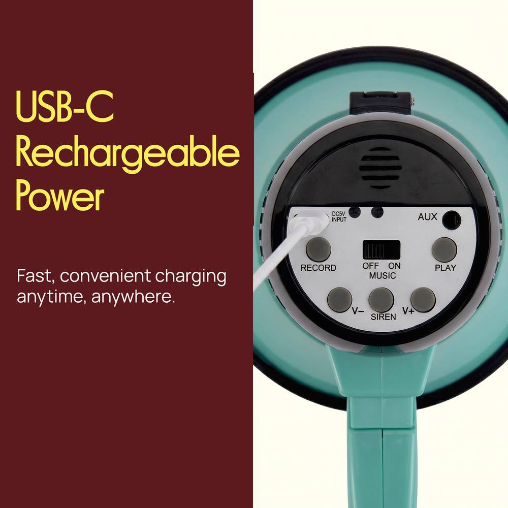 USB-C Rechargeable Power

Fast, convenient charging anytime, anywhere.

DCSV INPUT AUX

RECORD OFF ON MUSIC V- V+ SIREN PLAY