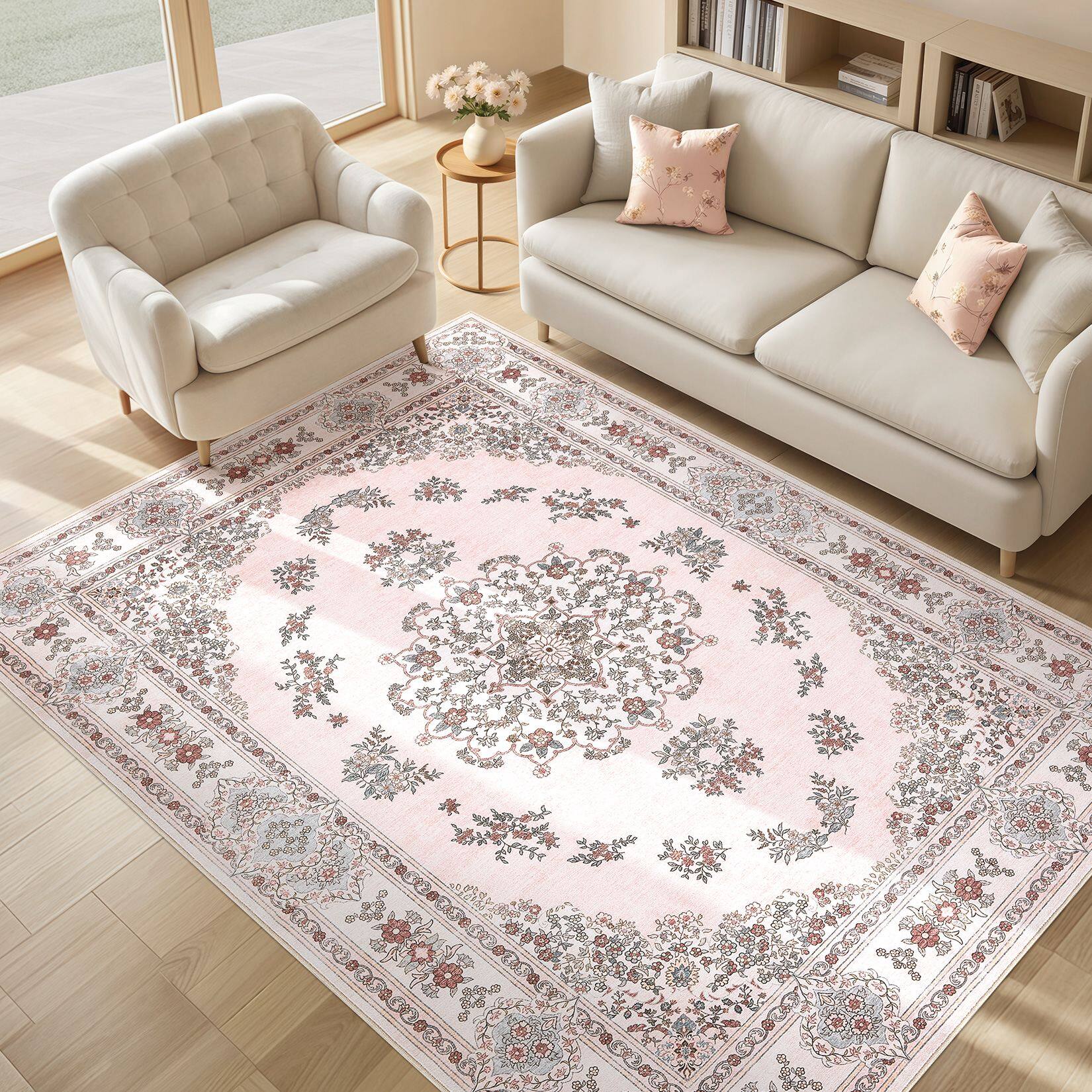 Left. Yardgrace - 5' x 7' ft Washable Bohemian-Style Rug With Non-Slip Backing; Non-Slip Indoor Rug, Perfect For The Bedroom - Light Pink.