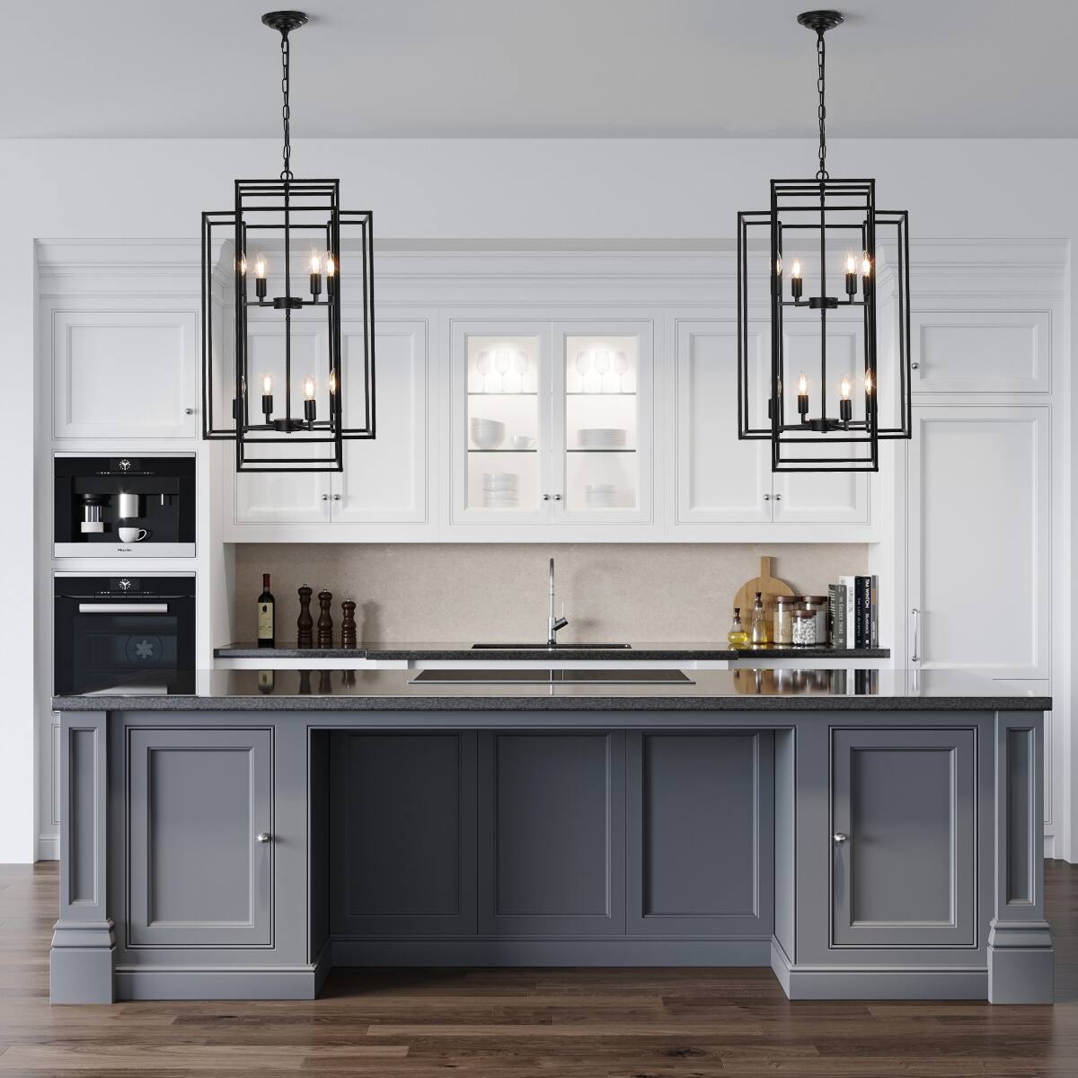 Back. Loheer - Loheer 8-Light Pendant Chandelier, Black Geometric Iron Frame, Adjustable Hanging Light for Living Room or Dining Room.