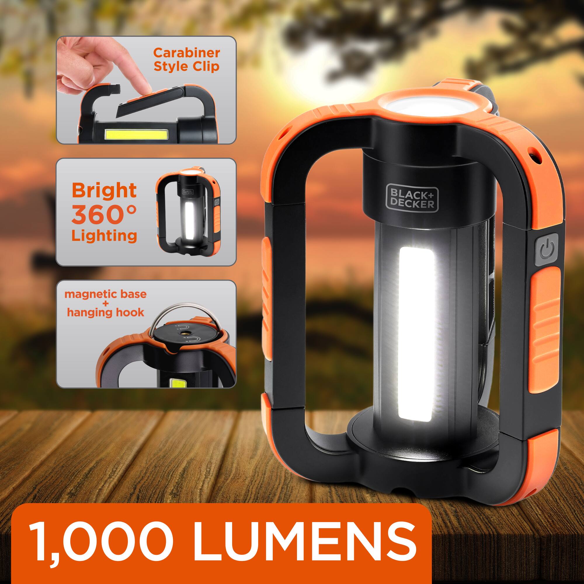 Carabiner Style Clip  
Bright 360° Lighting  
BLACK+ DECKER  
magnetic base + hanging hook  
1,000 LUMENS