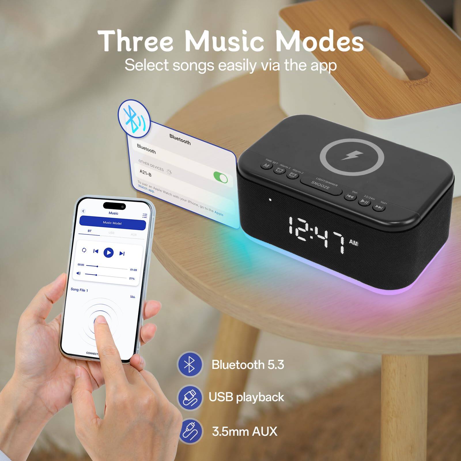 Three Music Modes  
Select songs easily via the app  

Bluetooth 5.3  
USB playback  
3.5mm AUX