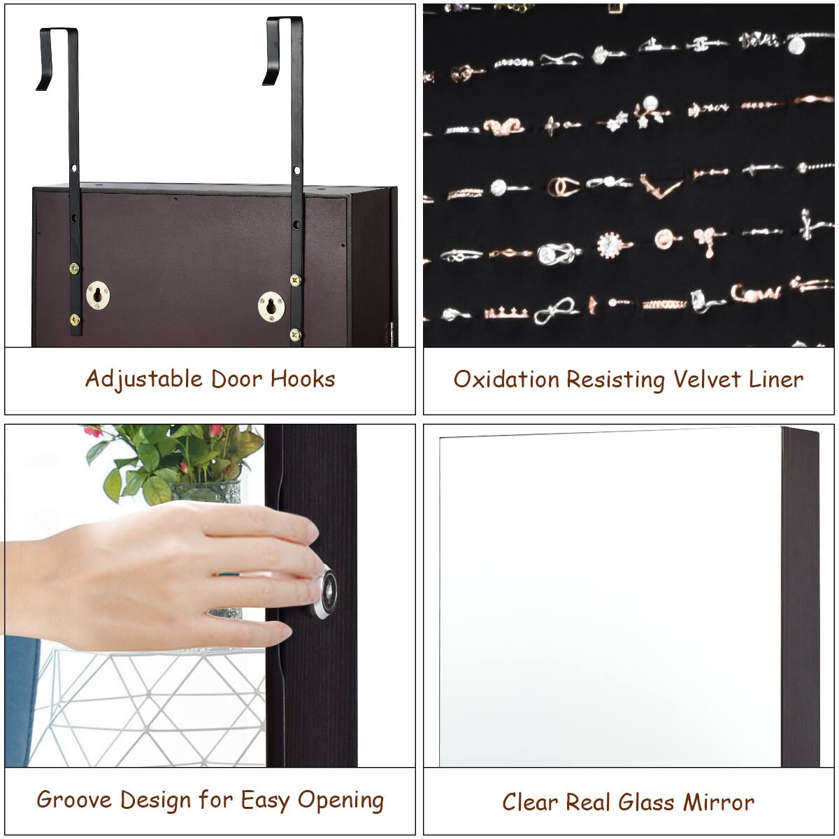 The text on the image has been grouped and corrected as follows:

1. Adjustable Door Hooks: A purse hook that can be adjusted to fit various door sizes.
2. Oxidation Resisting Velvet Liner: A liner that resists oxidation and adds a touch of luxury to the purse.
3. Groove Design for Easy Opening: A purse design with a groove that makes it easy to open.
4. Clear Real Glass Mirror: A mirror made of real glass, providing a clear reflection.