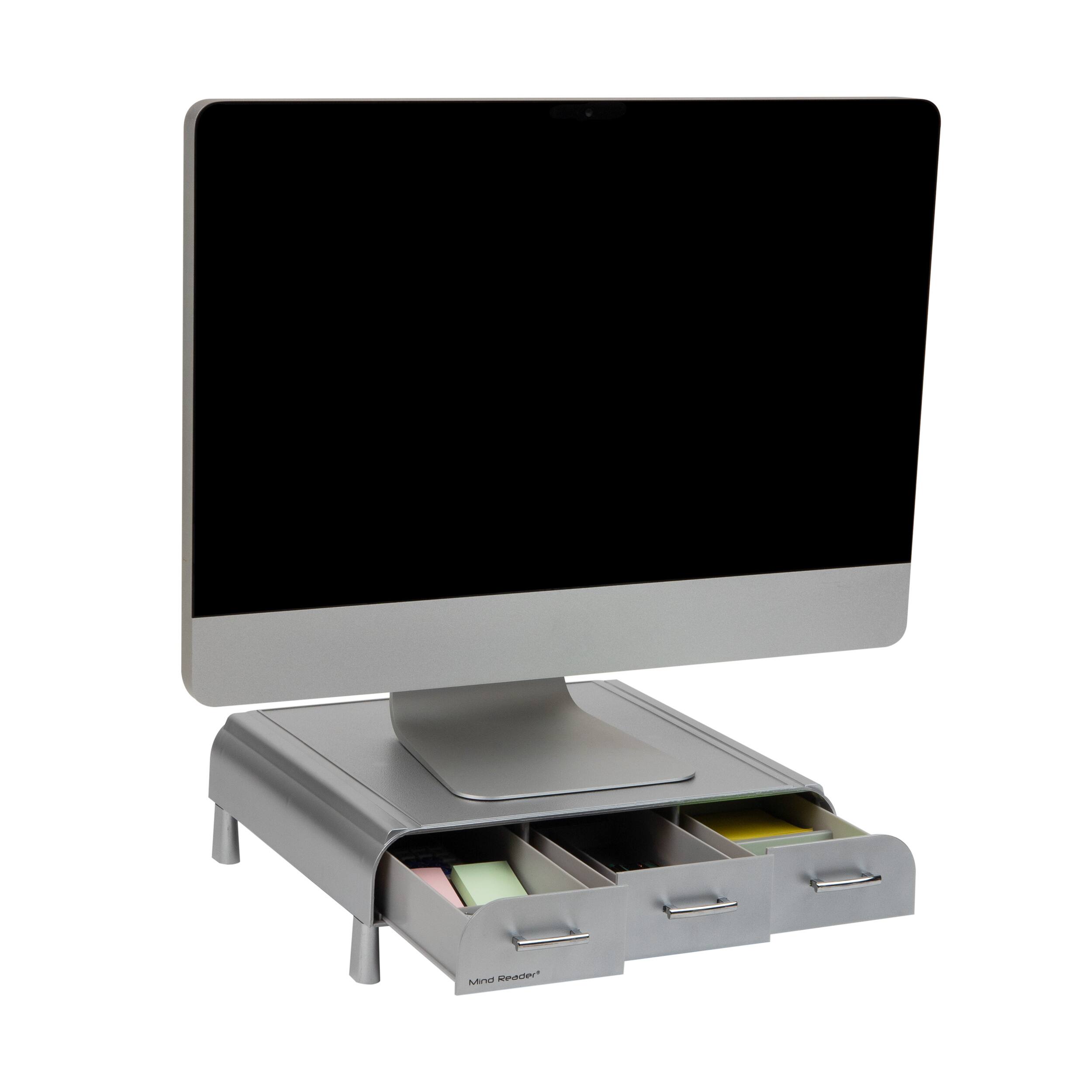Front. Mind Reader - Monitor Stand, Laptop Riser, Desktop Organizer, Storage Drawer, Office, Plastic, 13.5"L x 13"W x 4"H - Silver.
