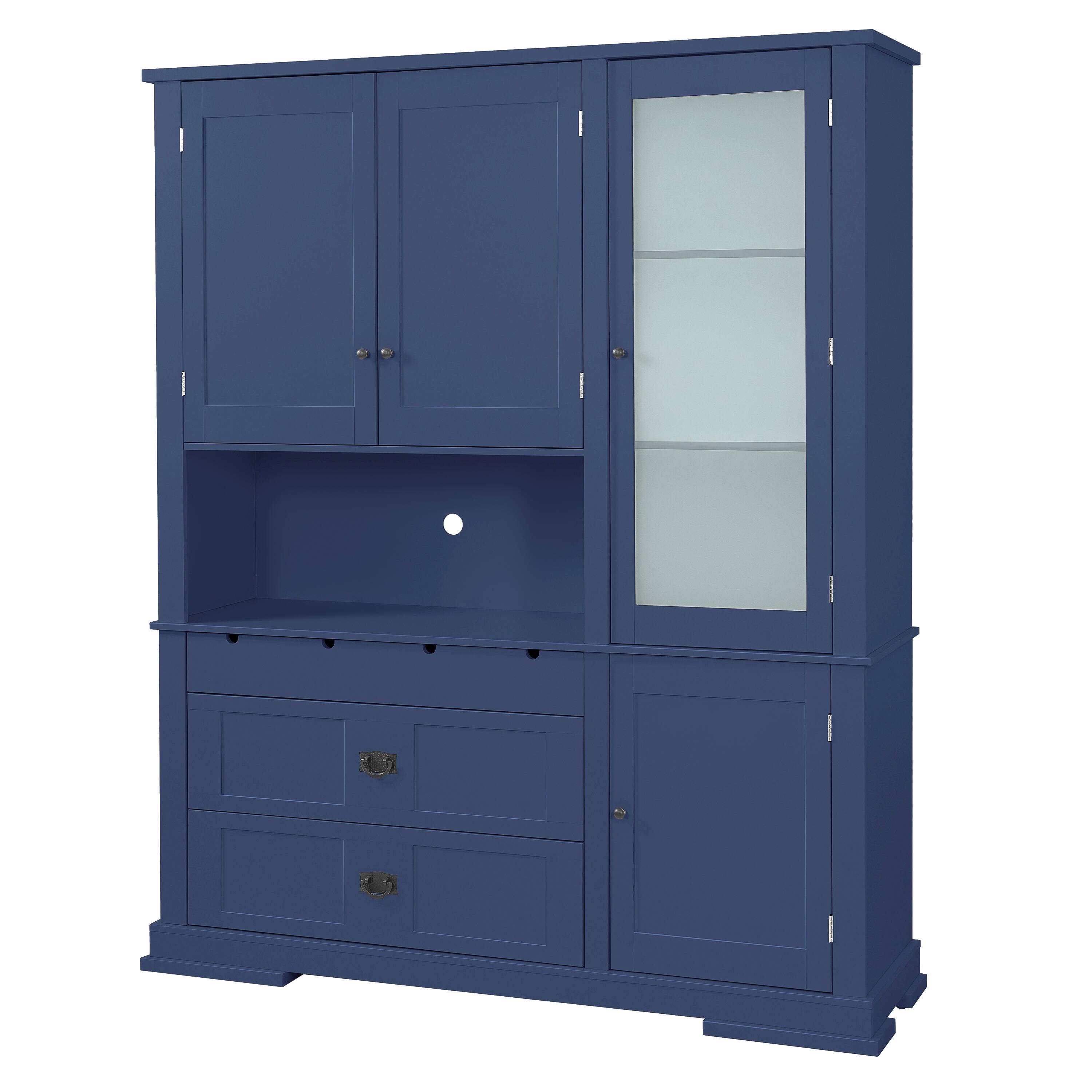 Left. Whisen - 63" W Kitchen Buffet with Hutch, Storage Pantry Cabinet with Microwave Workstation & 3 Drawers - Blue.