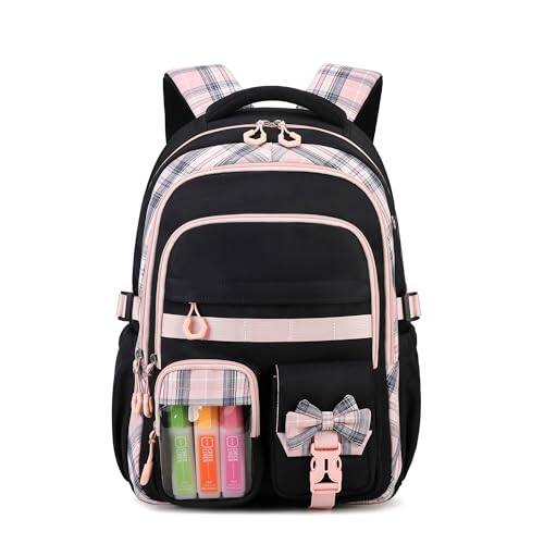 Front. Stamp n Camp - Backpack Multiple Pockets Bookbag For Middle & Elementary School Large Capacity Girls(black Purple) - Black Pink.
