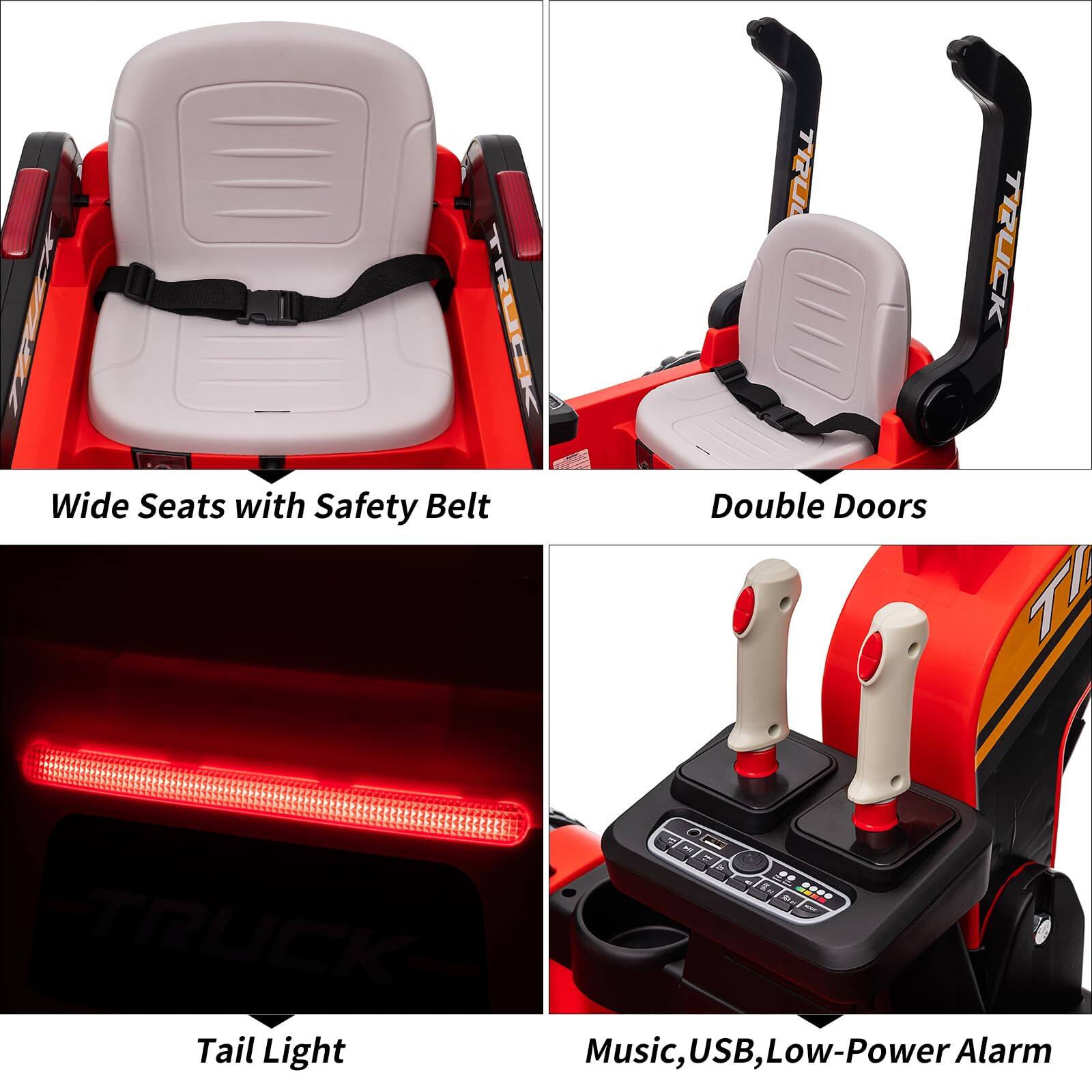 - Wide Seats with Safety Belt
- Double Doors
- Tail Light
- Music, USB, Low-Power Alarm
