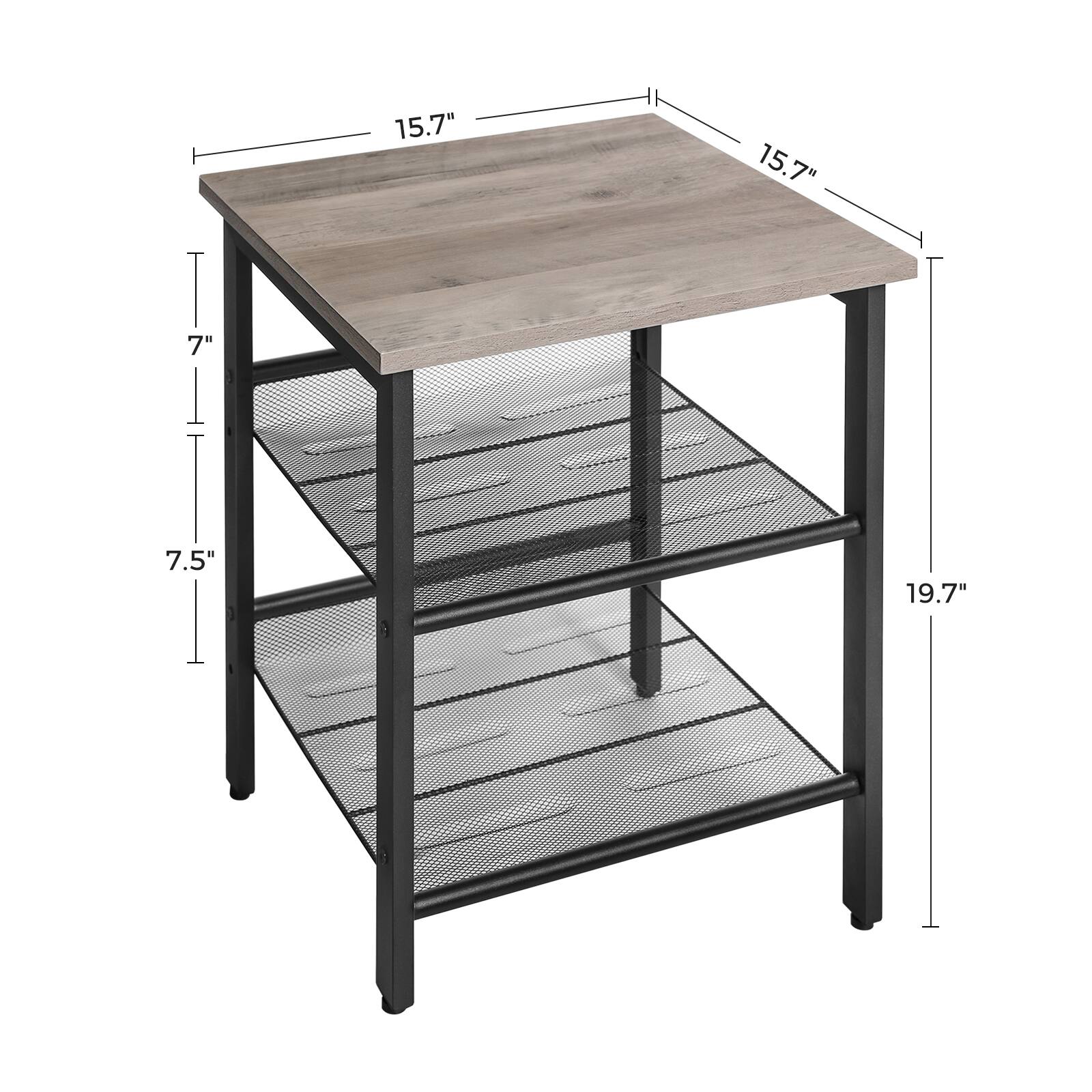 - Width: 15.7"
- Depth: 15.7"
- Height: 19.7"
- Shelf Height: 7"
- Shelf Depth: 7.5"