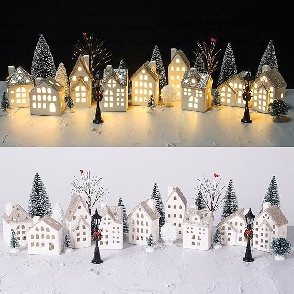 Back. Schertz - 29-Piece Ceramic Christmas Village Set – White Porcelain Houses with Tea Light Pine Trees and Street Lamps for Mantel an - white.