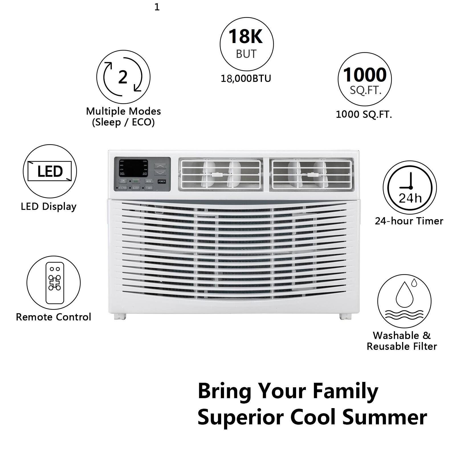 1. Multiple Modes (Sleep / ECO)
2. 18K BUT 18,000BTU
3. 1000 SQ.FT.
4. LED Display
5. 24-hour Timer
6. Remote Control
7. Washable & Reusable Filter

Bring Your Family Superior Cool Summer