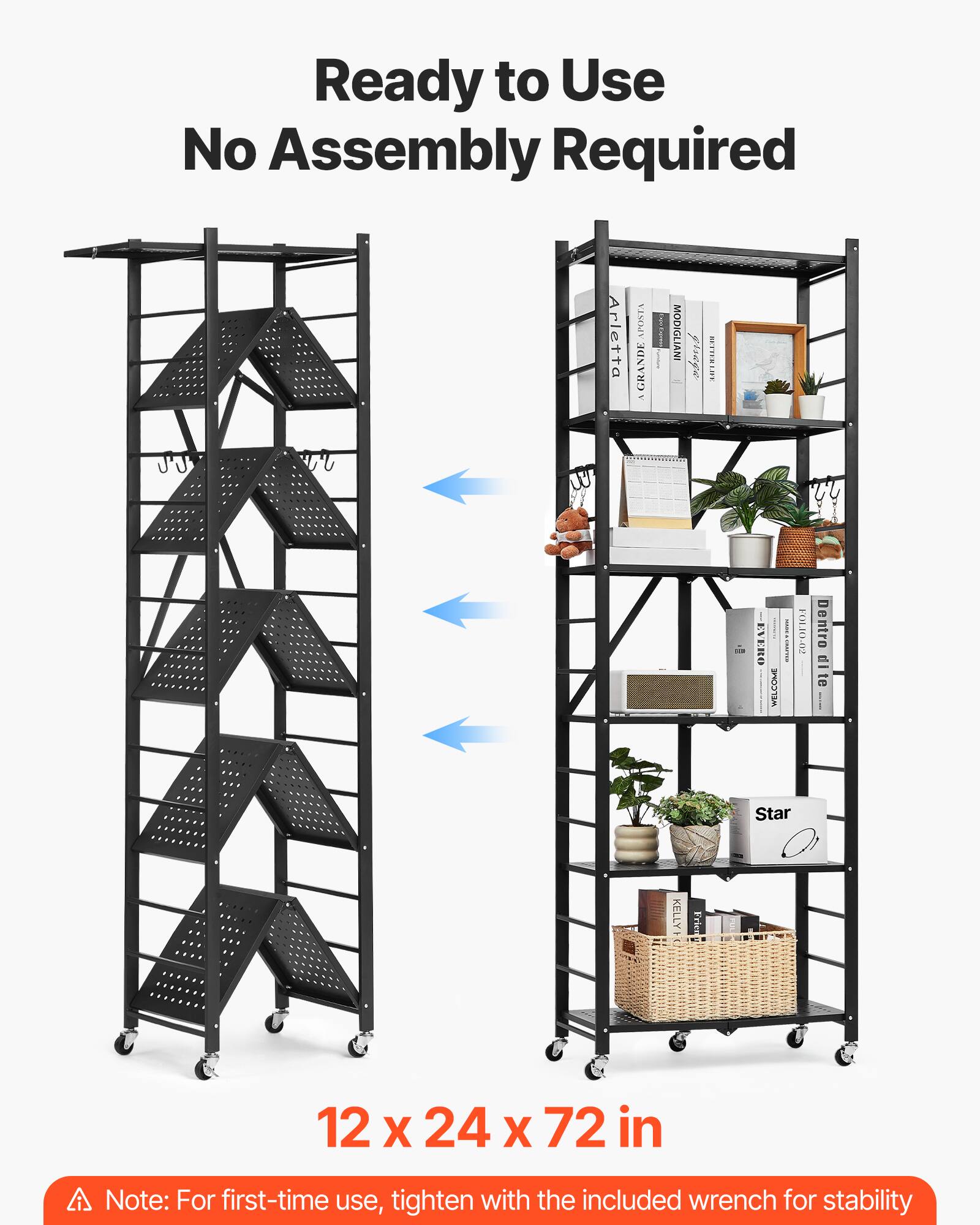 Ready to Use, No Assembly Required, 12 x 24 x 72 in, Note: For first-time use, tighten with the included wrench for stability