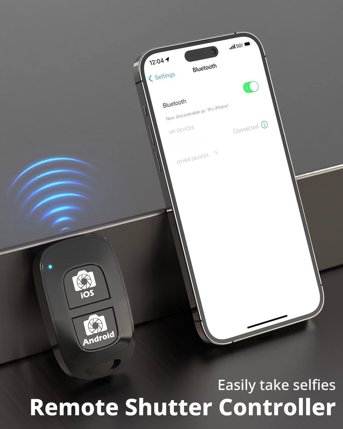 Sure, here is the corrected and grouped text:

---

**Remote Shutter Controller**

Easily take selfies

---

**Bluetooth**

Now discoverable as "R's iPhone"

---

**MY DEVICES**

**OTHER DEVICES**

---

**iOS**

**Android**

---