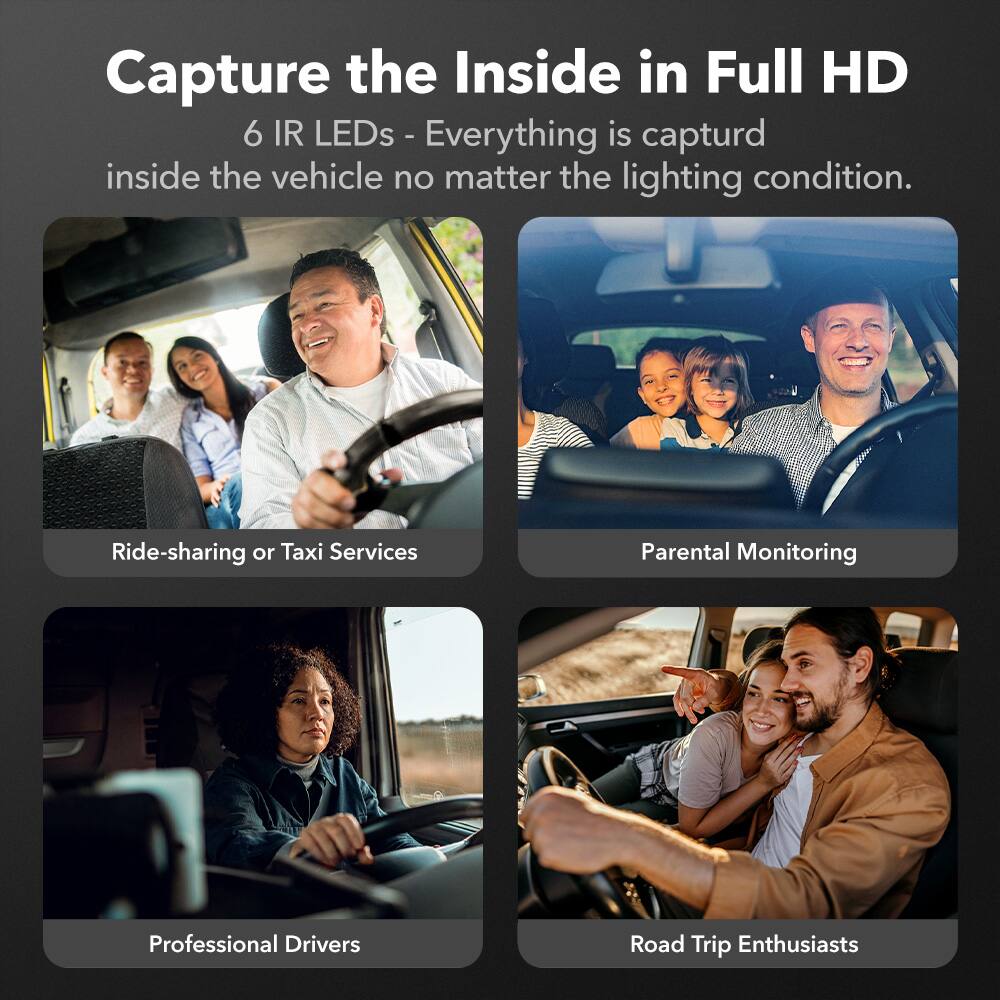 Capture the Inside in Full HD

6 IR LEDs - Everything is captured inside the vehicle no matter the lighting condition.

- Ride-sharing or Taxi Services
- Parental Monitoring
- Professional Drivers
- Road Trip Enthusiasts