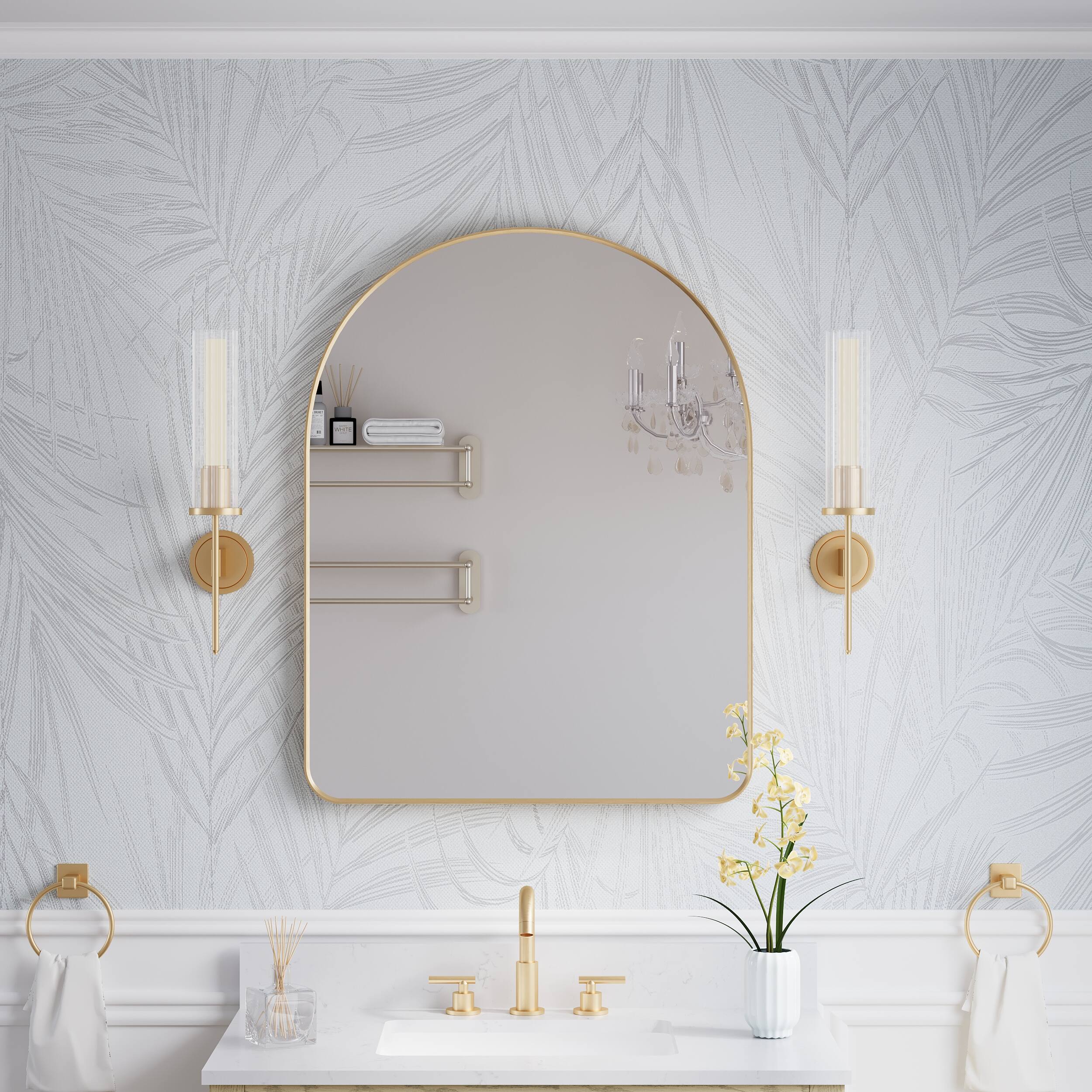Left. WELLFOR - 28 in. W x 36 in. H Arch Anodized Aluminum Framed Bathroom Vanity Mirror - Brushed Gold.