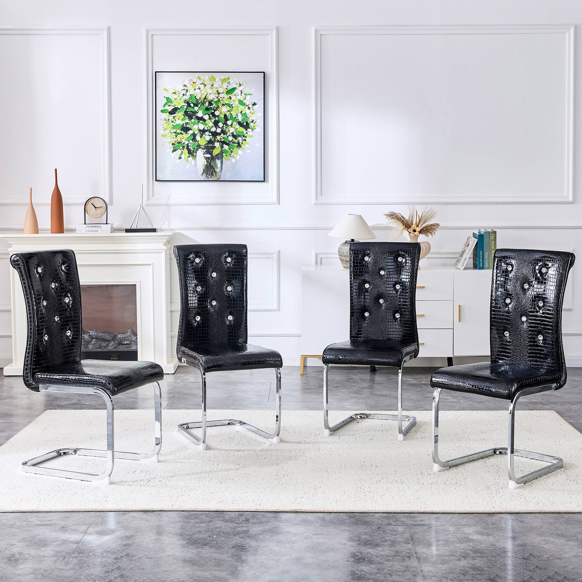 Angle. Loheer - Set of 4 Retro Faux Leather Dining Chairs with Metal Bow Legs - Black.