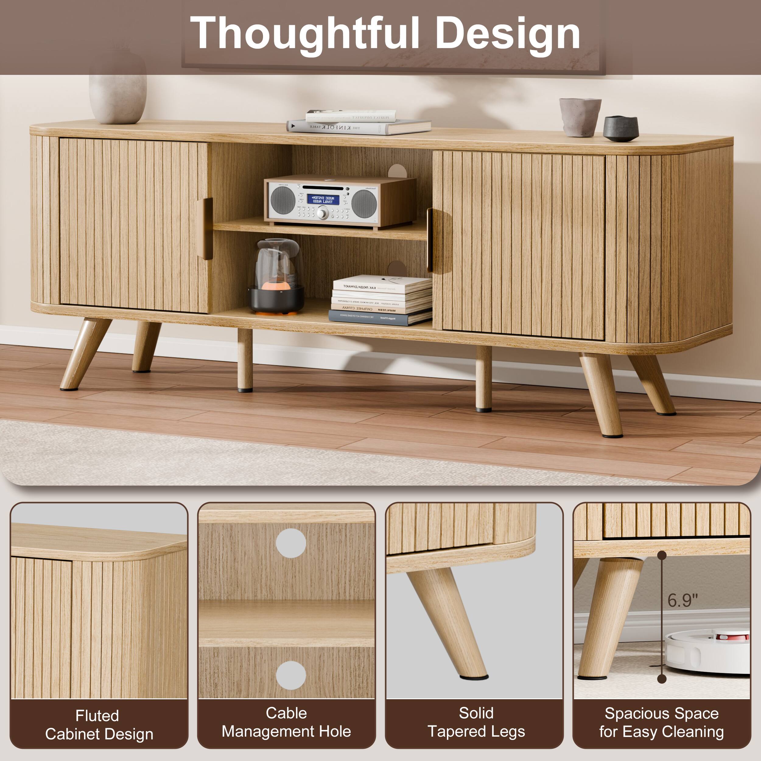 Thoughtful Design

LASHER
Liker KINFOIK J -
FF  - - LEXT 5355 1 >>>> 0000 sess

ARIA -- ..
 -  -   Livery THINT - - 
6.9"

Fluted Cabinet Design
Cable Management Hole
Solid Tapered Legs
Spacious Space for Easy Cleaning