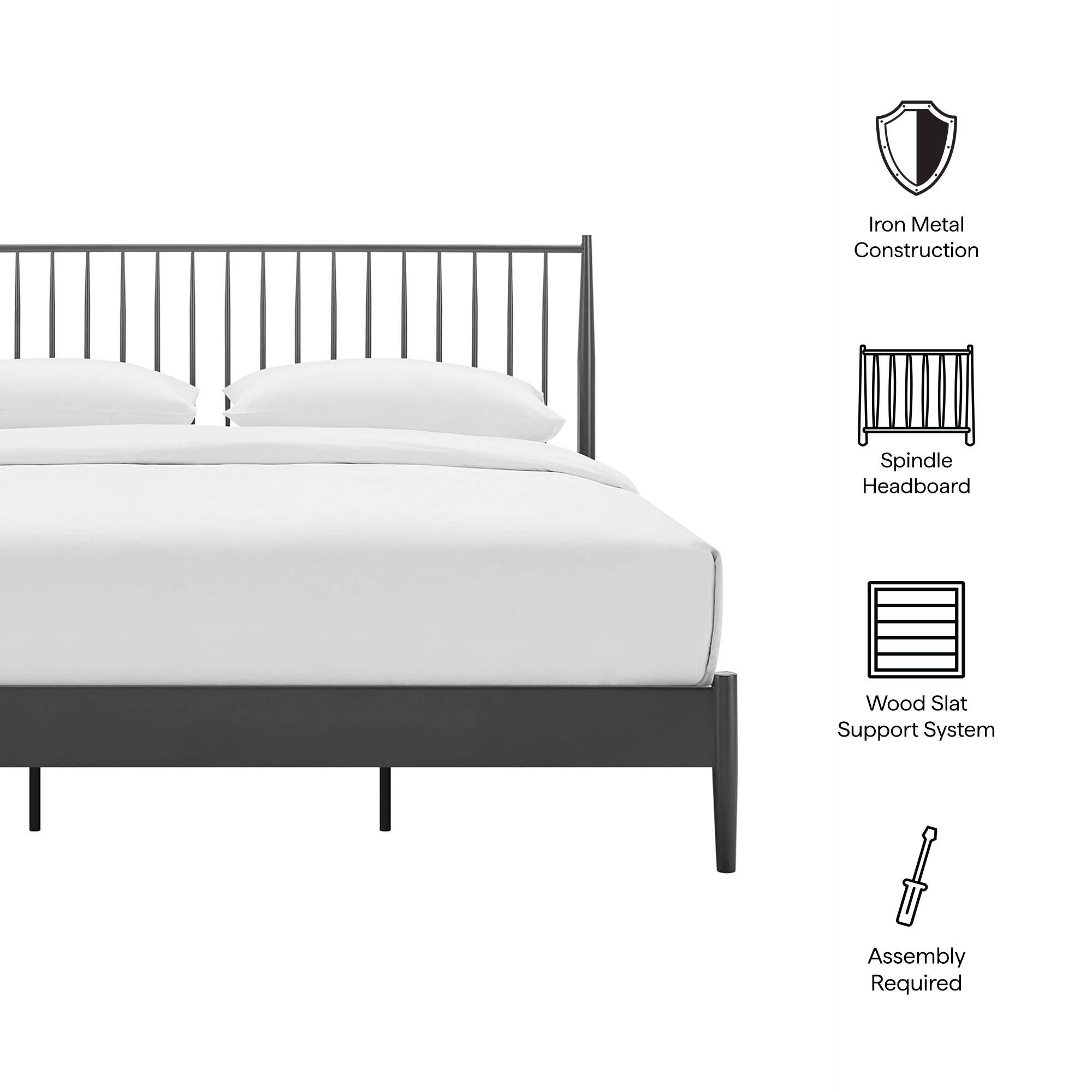 - Iron Metal Construction
- Spindle Headboard
- Wood Slat Support System
- Assembly Required