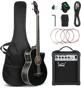 Winado - Full Size Acoustic Electric Bass Guitar Beginner Kit, Cutaway 4 Strings Electric With Tuner Black