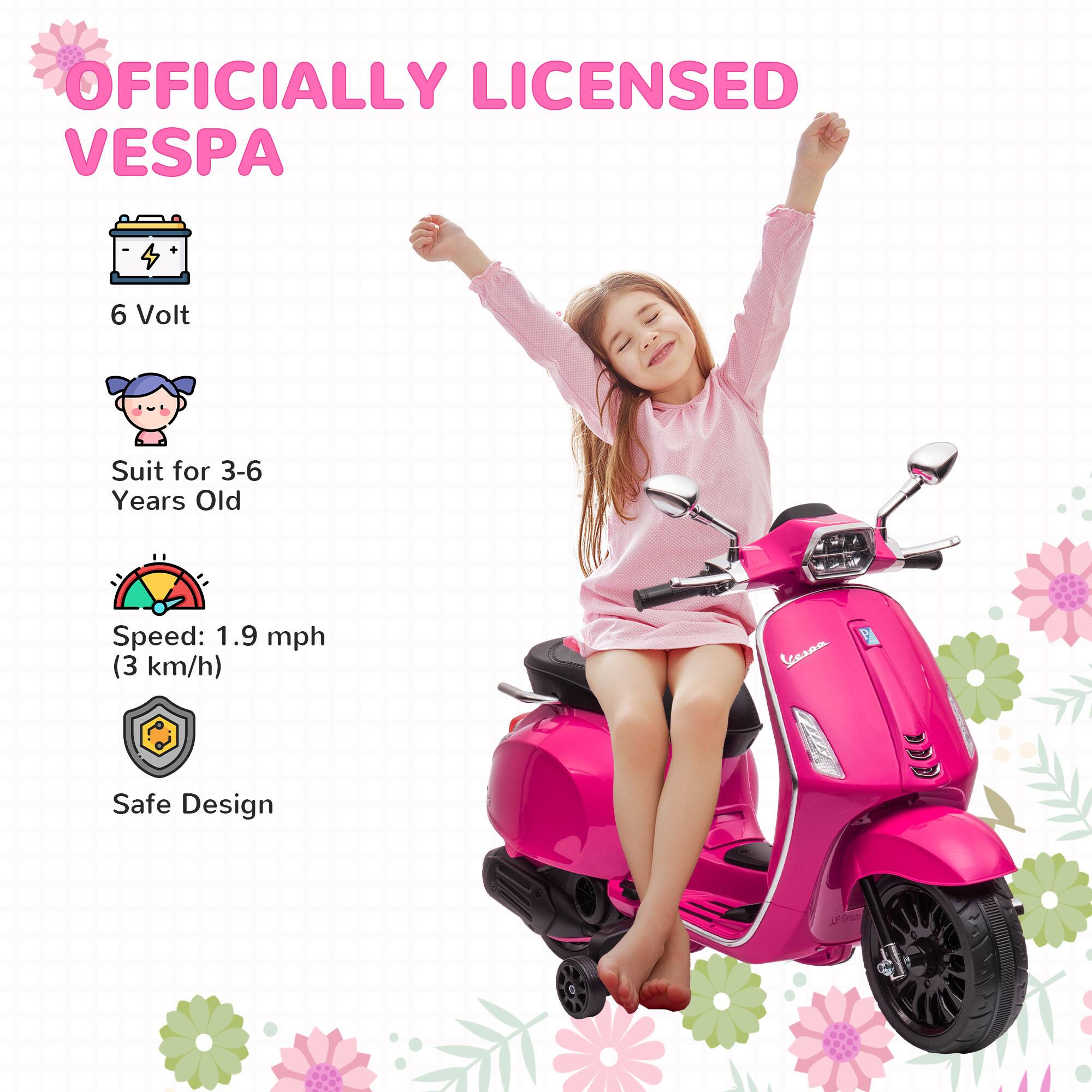 OFFICIALLY LICENSED VESPA

- 6 Volt
- Suit for 3-6 Years Old
- Speed: 1.9 mph (3 km/h)
- Safe Design