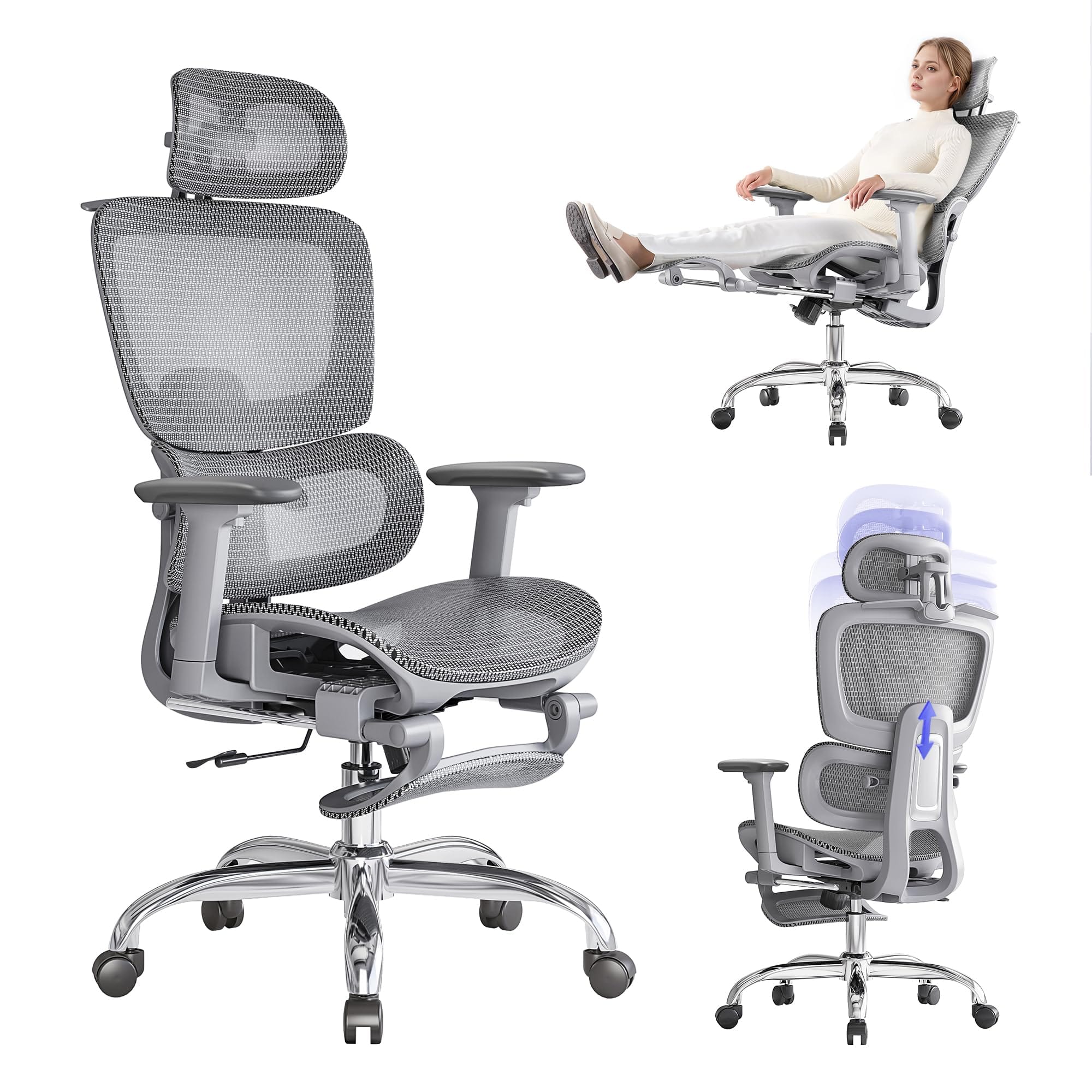 Hirose Alice - Office Chair with Footrest, Ergonomic Chair with 3D Headrest, Computer Chair with Adjustable Backrest & 3D - Grey Lite