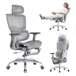 Hirose Alice - Office Chair with Footrest, Ergonomic Chair with 3D Headrest, Computer Chair with Adjustable Backrest & 3D - Grey Lite