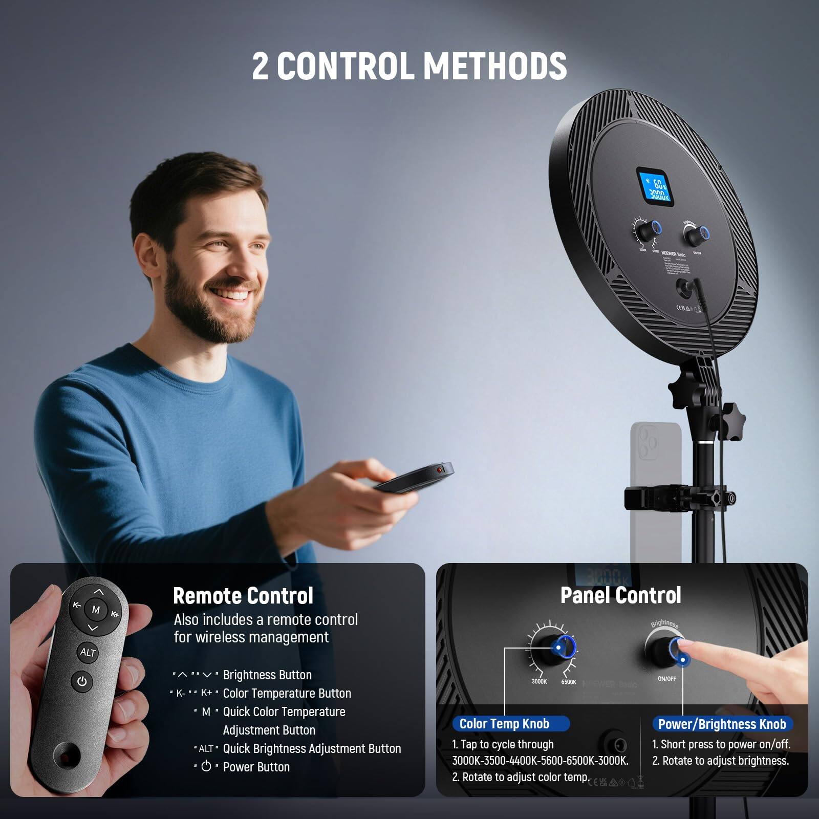 2 CONTROL METHODS

Remote Control
Also includes a remote control for wireless management
- Brightness Button
- Color Temperature Button
- Quick Color Temperature Adjustment Button
- Quick Brightness Adjustment Button
- Power Button

Panel Control
- Color Temp Knob
  1. Tap to cycle through 3000K-3500K-4400K-5600K-6500K-3000K
  2. Rotate to adjust color temp
- Power/Brightness Knob
  1. Short press to power on/off
  2. Rotate to adjust brightness