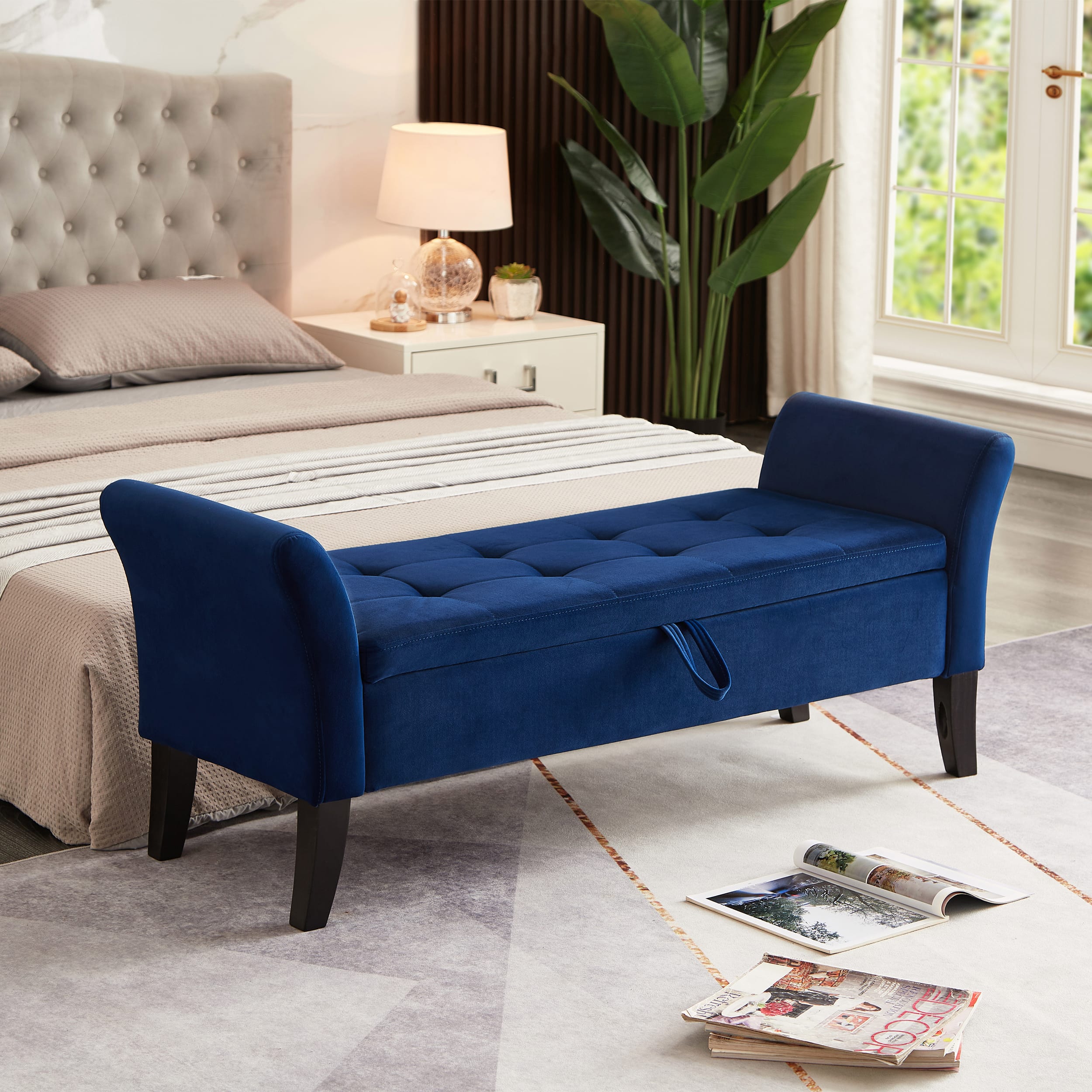 Aukfa - 51.5" Bed Bench with Storage Beige Velvet - Blue