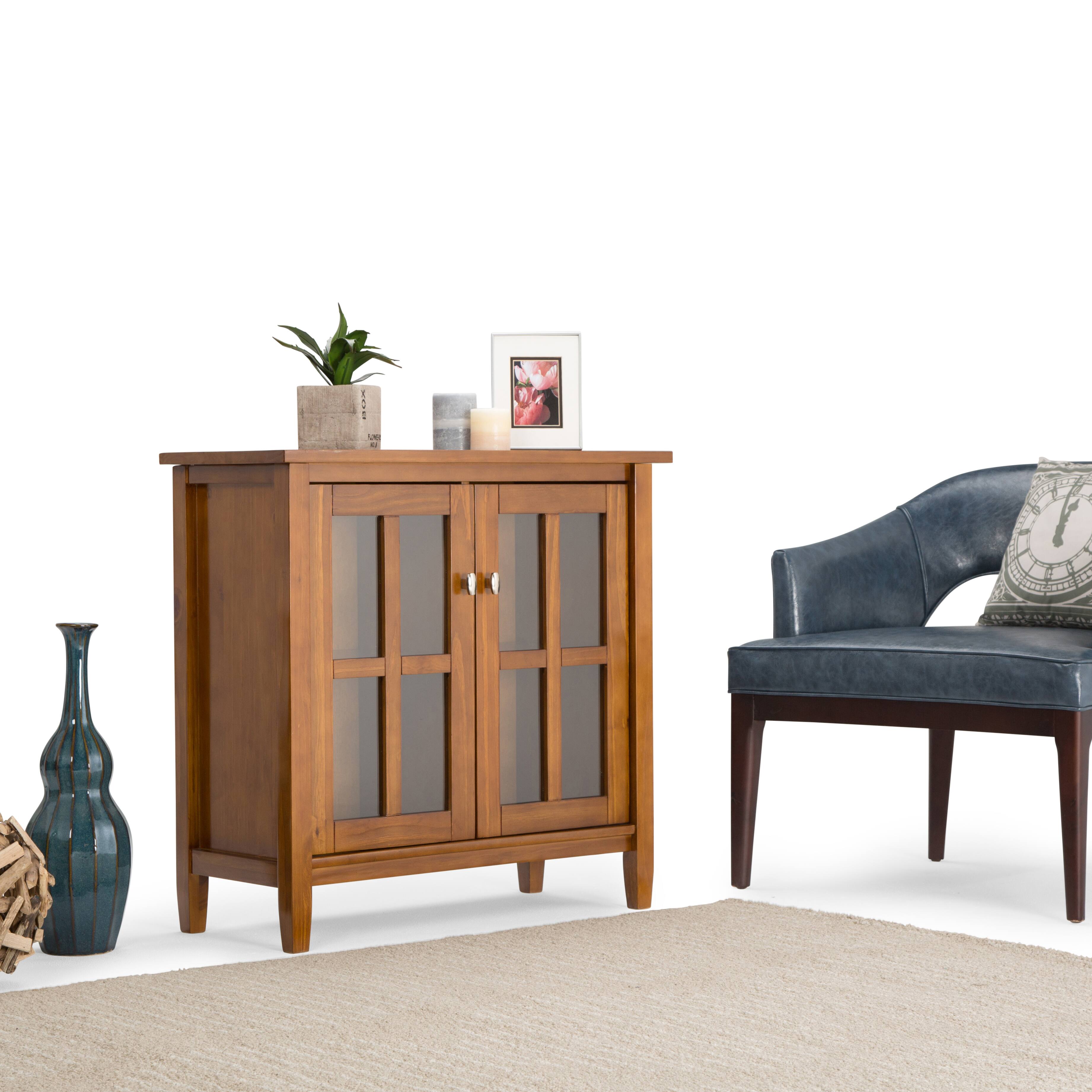 Left. Simpli Home - Warm Shaker Solid Wood 32 inch Wide Transitional Low Storage Cabinet - Light Golden Brown.