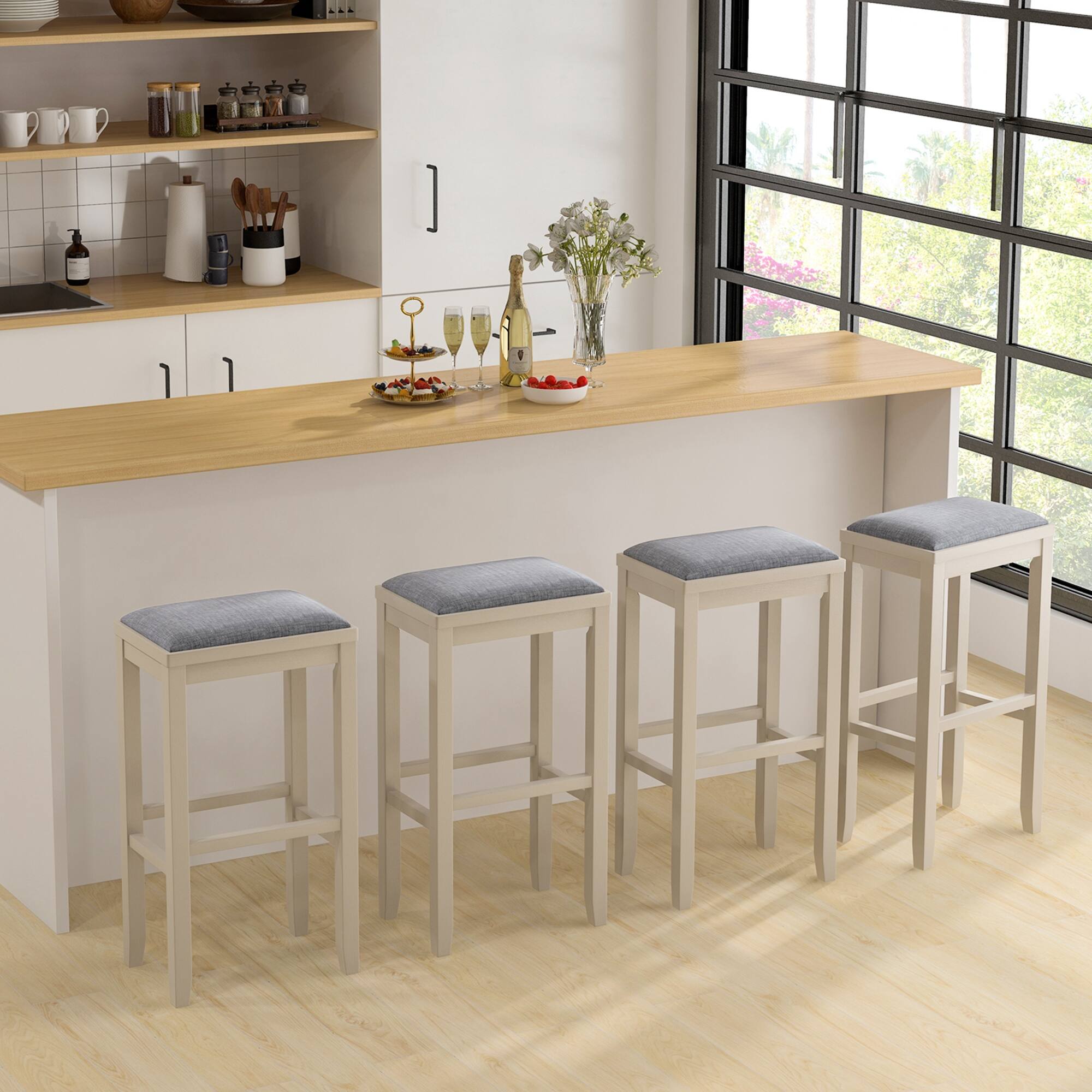 Alt View 3. Costway - Set of 2 Upholstered Bar Stools Wooden Bar Height Dining Chairs Griege - Brown/Grey.