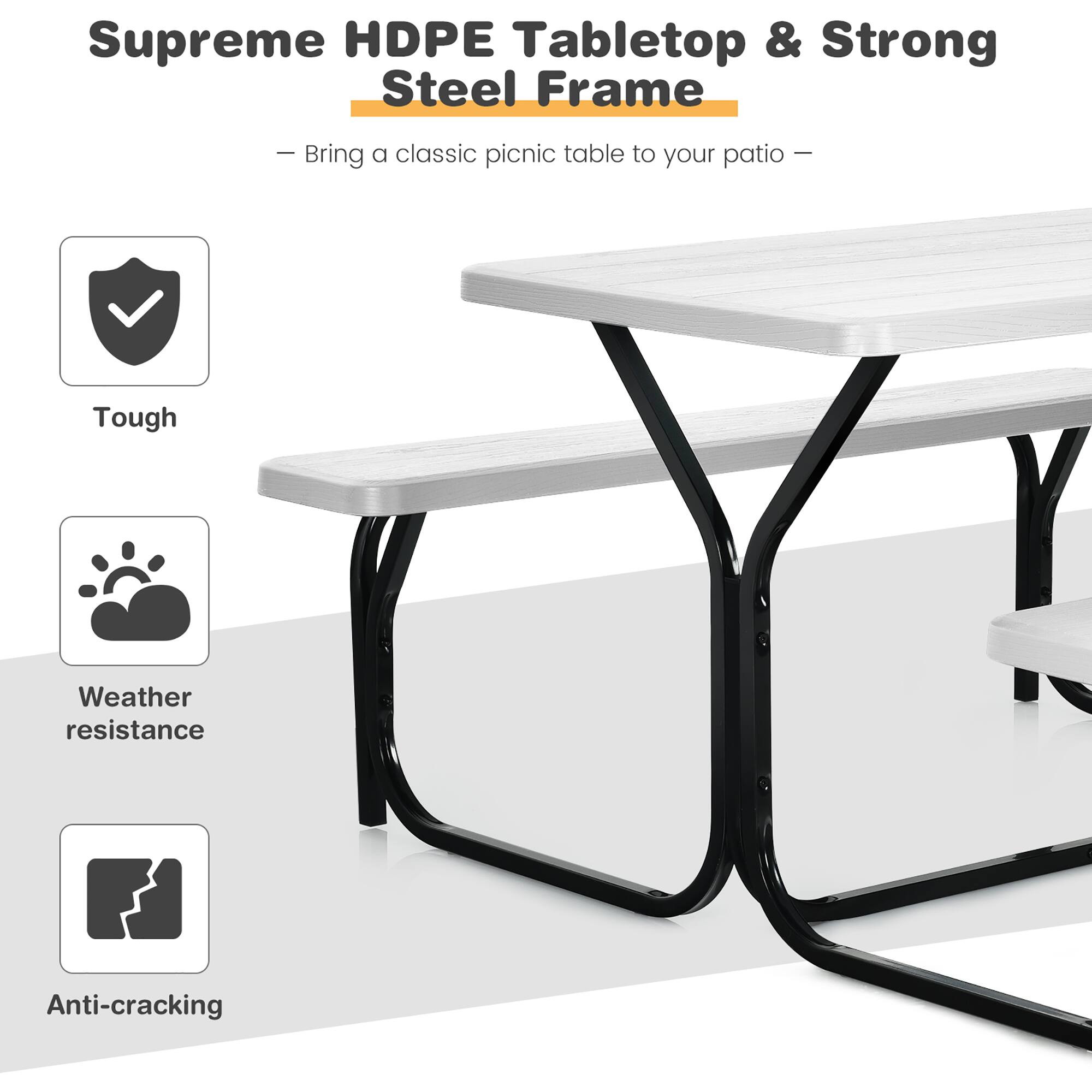Supreme HDPE Tabletop & Strong Steel Frame

- Bring a classic picnic table to your patio —

- Tough
- Weather resistance
- Anti-cracking