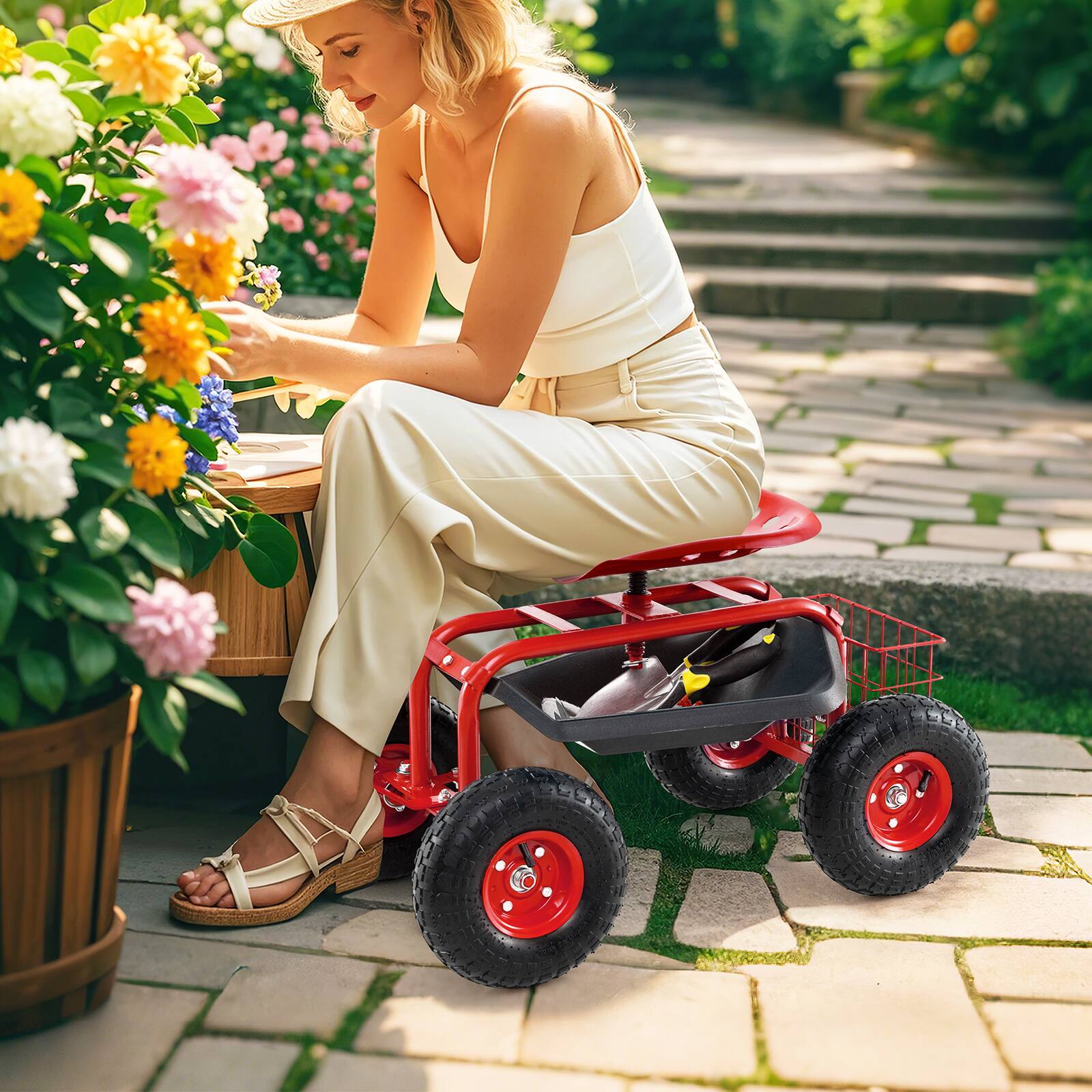 Angle. SKONYON - Metal Garden Cart with Deep Storage Basket Large Wheels and Easy Maneuvering Design - Red.