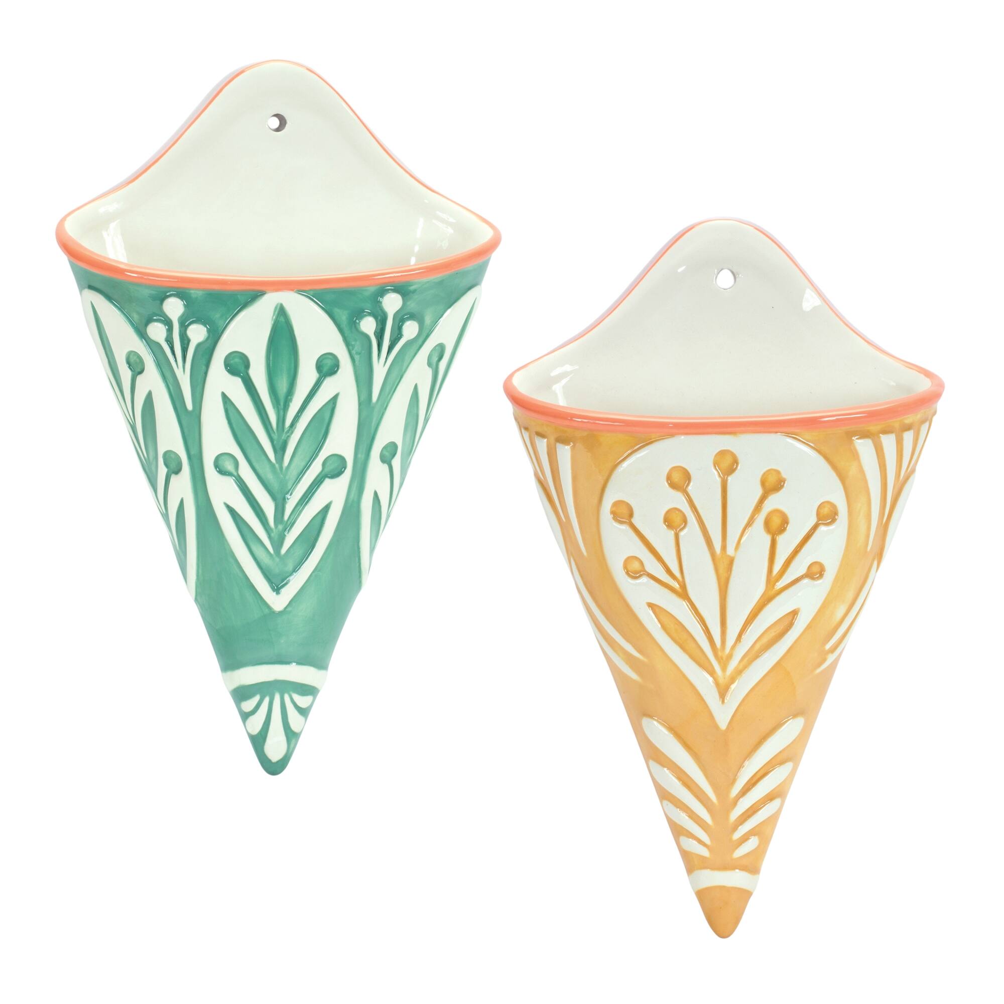 BreeBe - Ornamental Ceramic Wall Pocket (Set of 2) - Green, White, Yellow