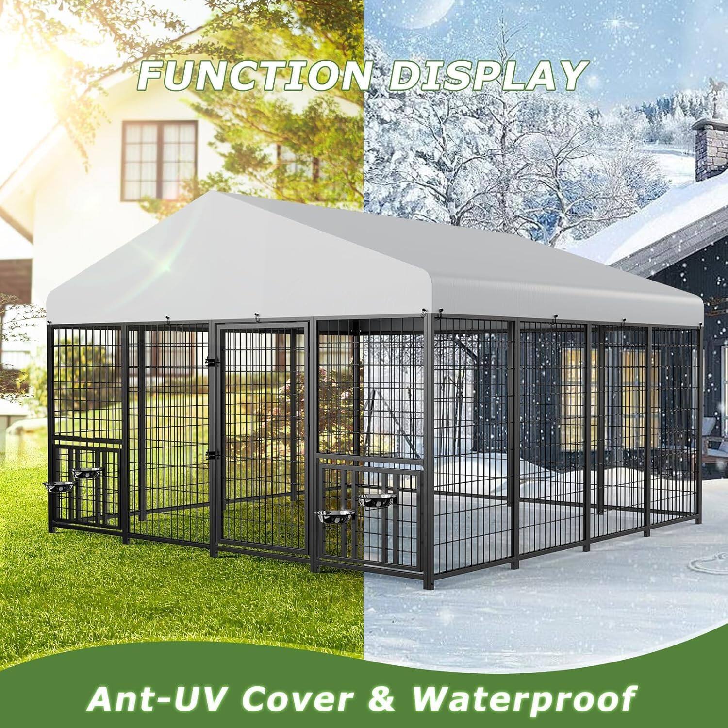 Back. LOVMOR - LOVMOR XXL Commercial Dog Kennel: 10x10x6.5-ft Black Steel Outdoor Pen for Extra Large Dogs, Lockable Gate & Roof Cover.