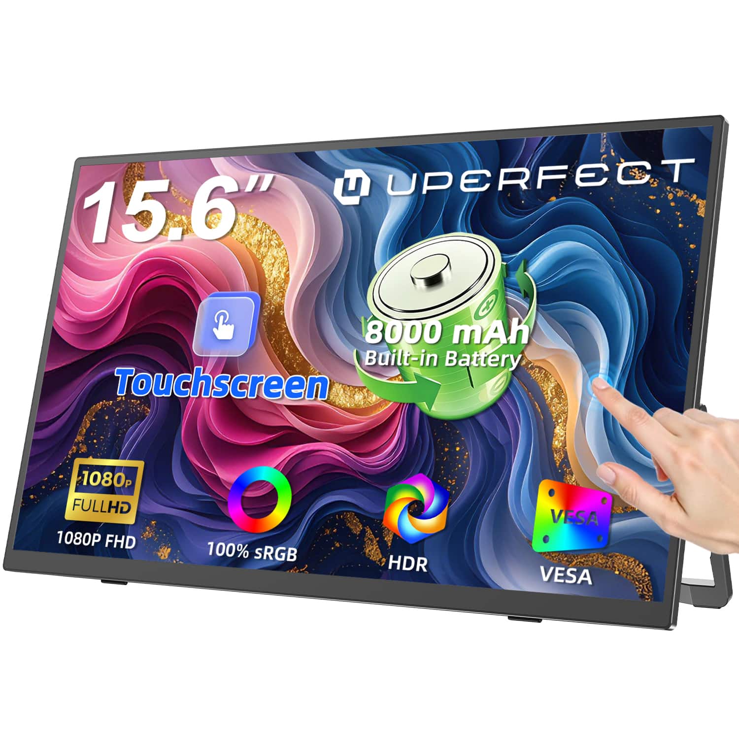 UPERFECT - 15.6" FHD Touch Portable Monitor, 8000mAh Battery, 10-Point Touch, 400 Nits, USB-C/HDMI