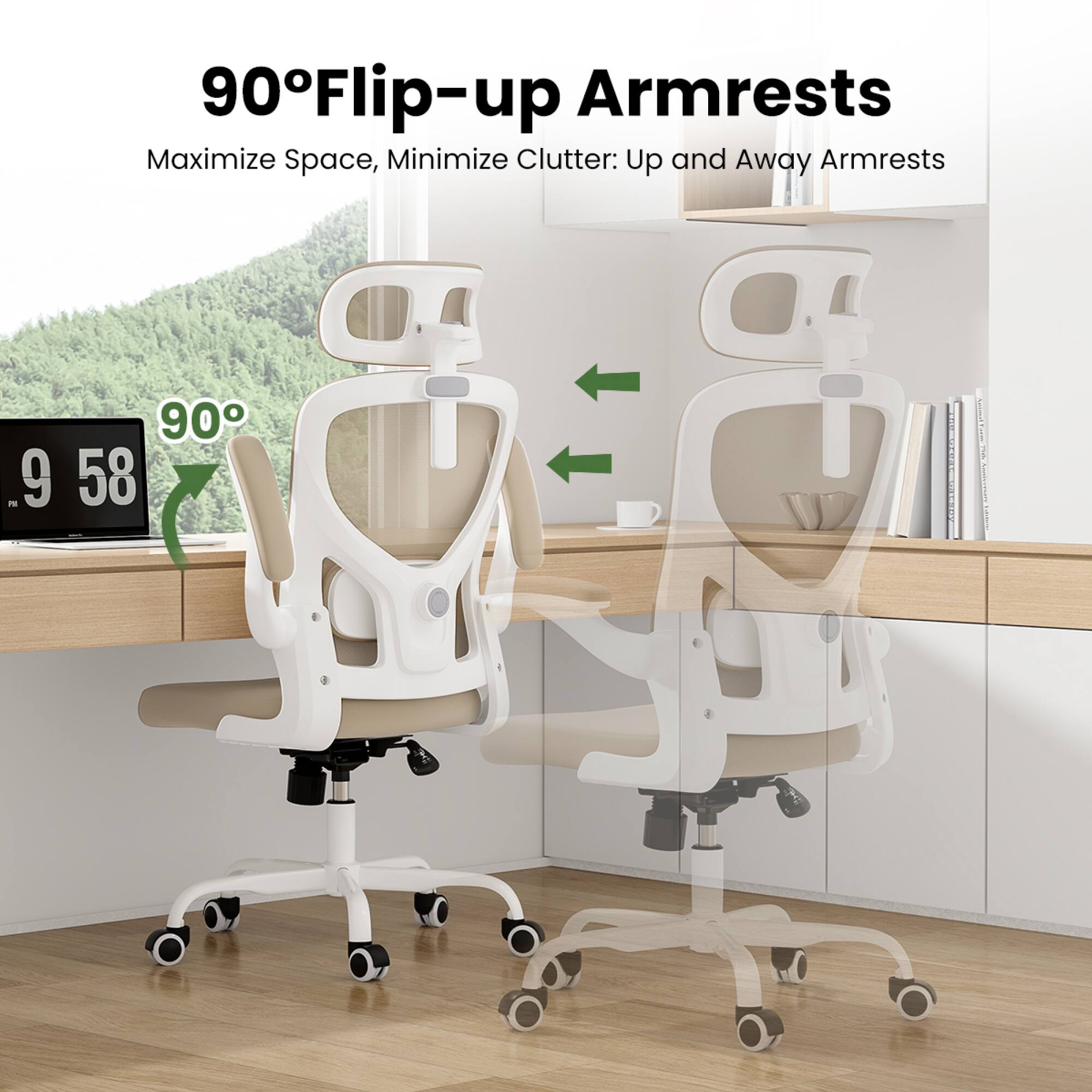 90° Flip-up Armrests  
Maximize Space, Minimize Clutter: Up and Away Armrests