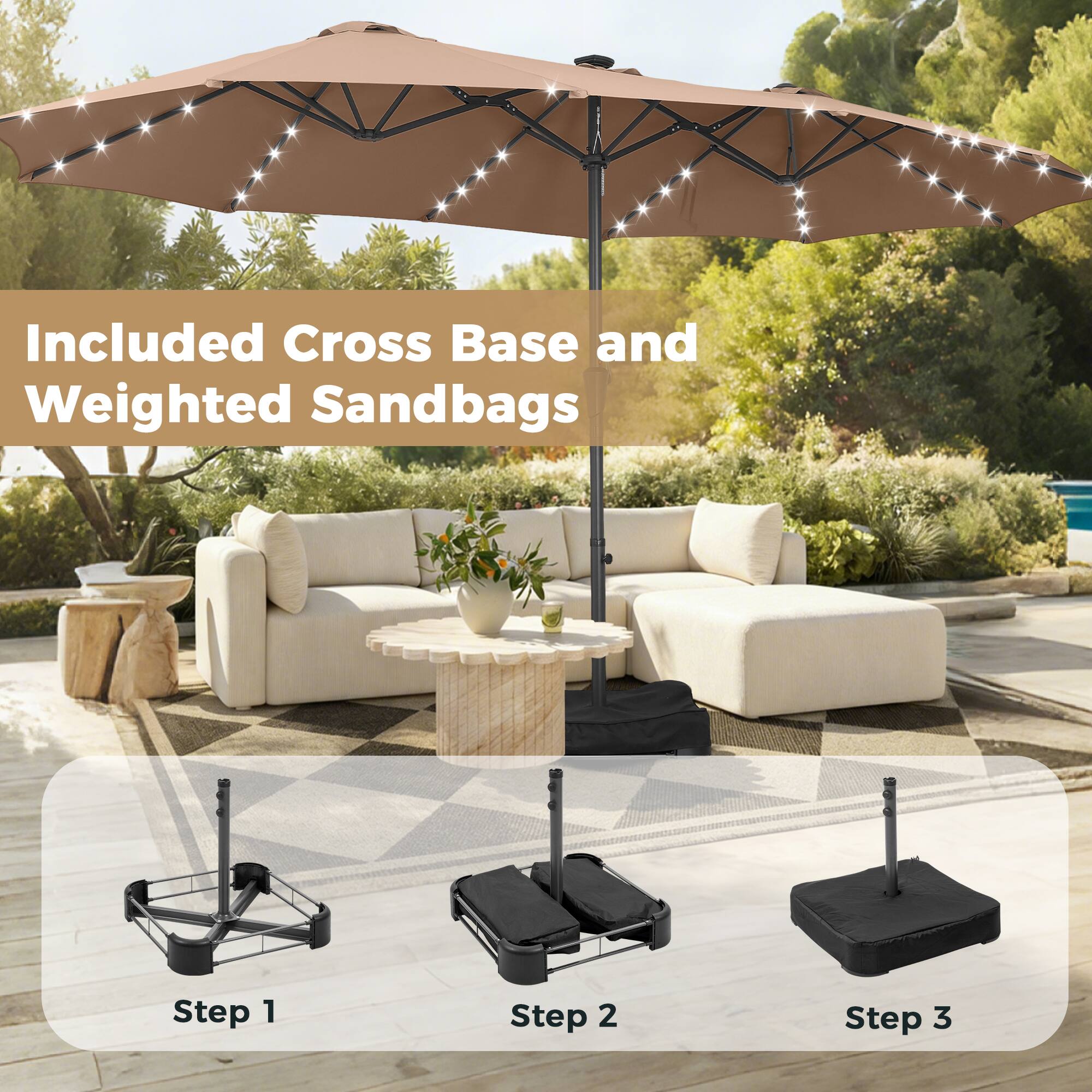 Included Cross Base and Weighted Sandbags

Step 1

Step 2

Step 3