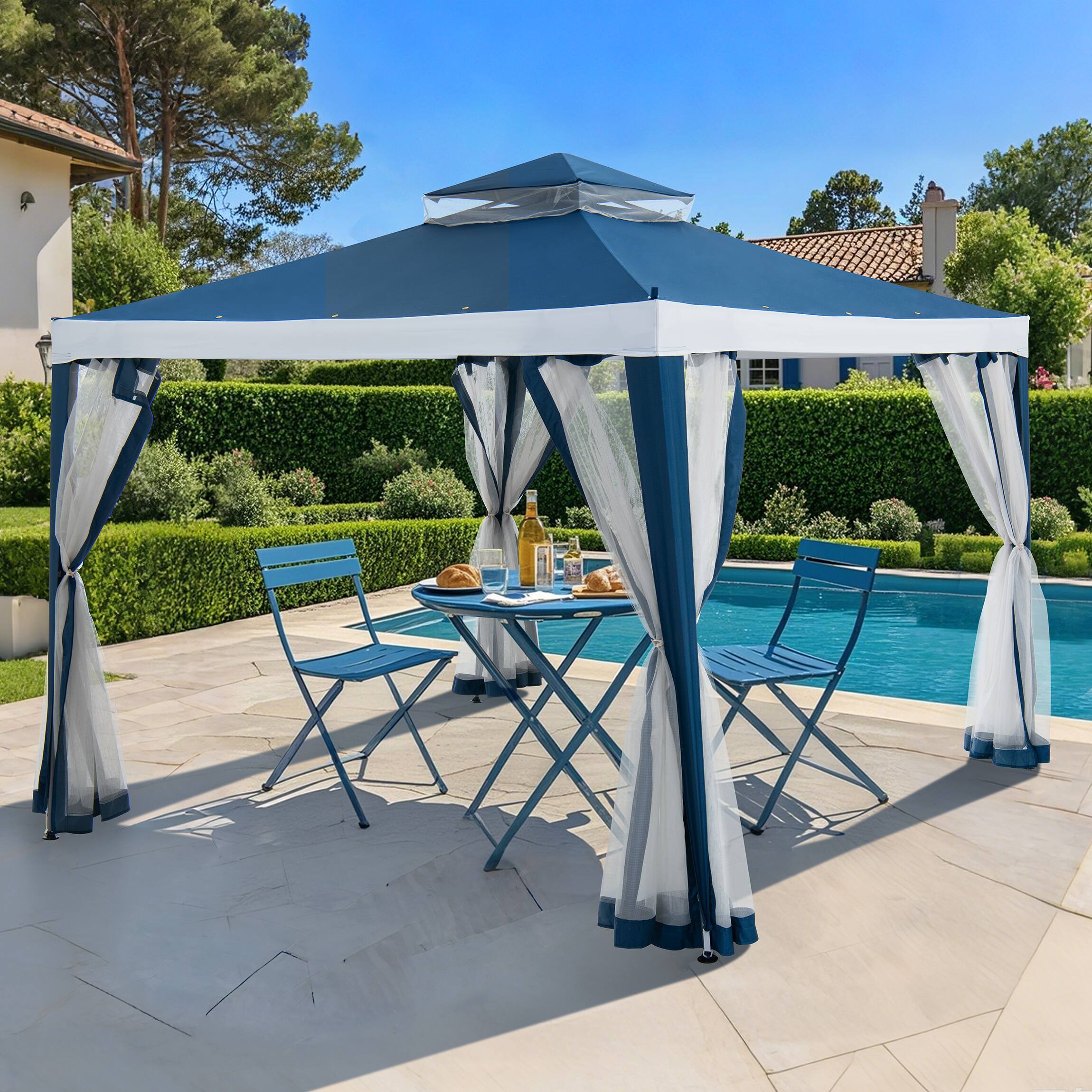 Front. SUNJOY - Sunjoy 10’ x 10’ Outdoor Patio Gazebo Modern 2-Tier Steel Frame Soft Top Gazebo with Mesh Netting - Navy Blue & White.