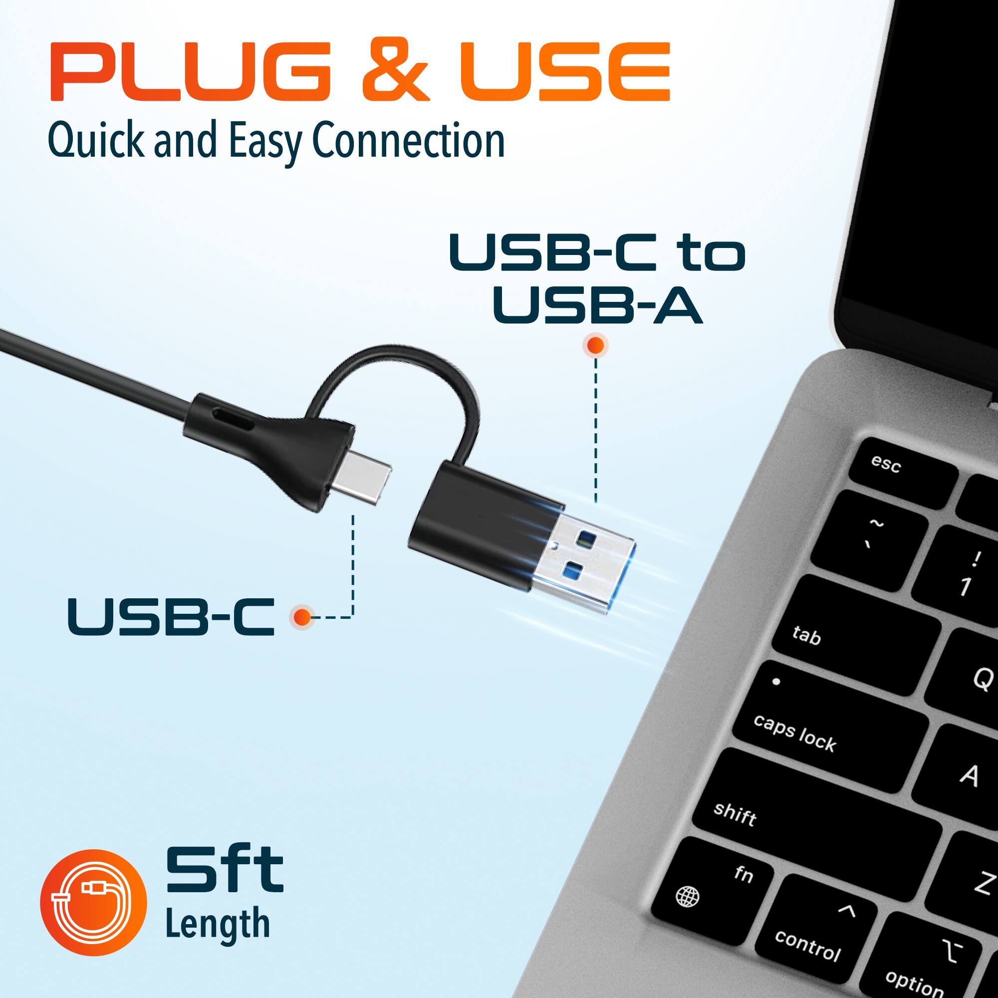 PLUG & USE Quick and Easy Connection USB-C to USB-A 5ft Length ! USB-C esc tab Q caps lock A shift fn Z control T option