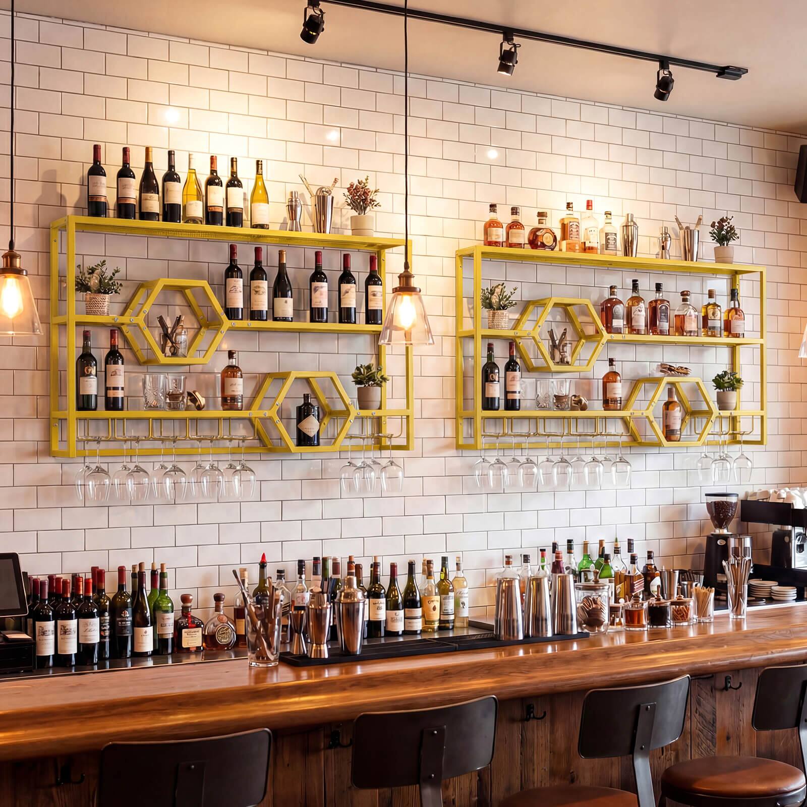 Alt View 4. Costway - Costway Wall Mounted Wine Rack 47" Large Floating Bar Shelves with Glass Holder for Kitchen - Gold.