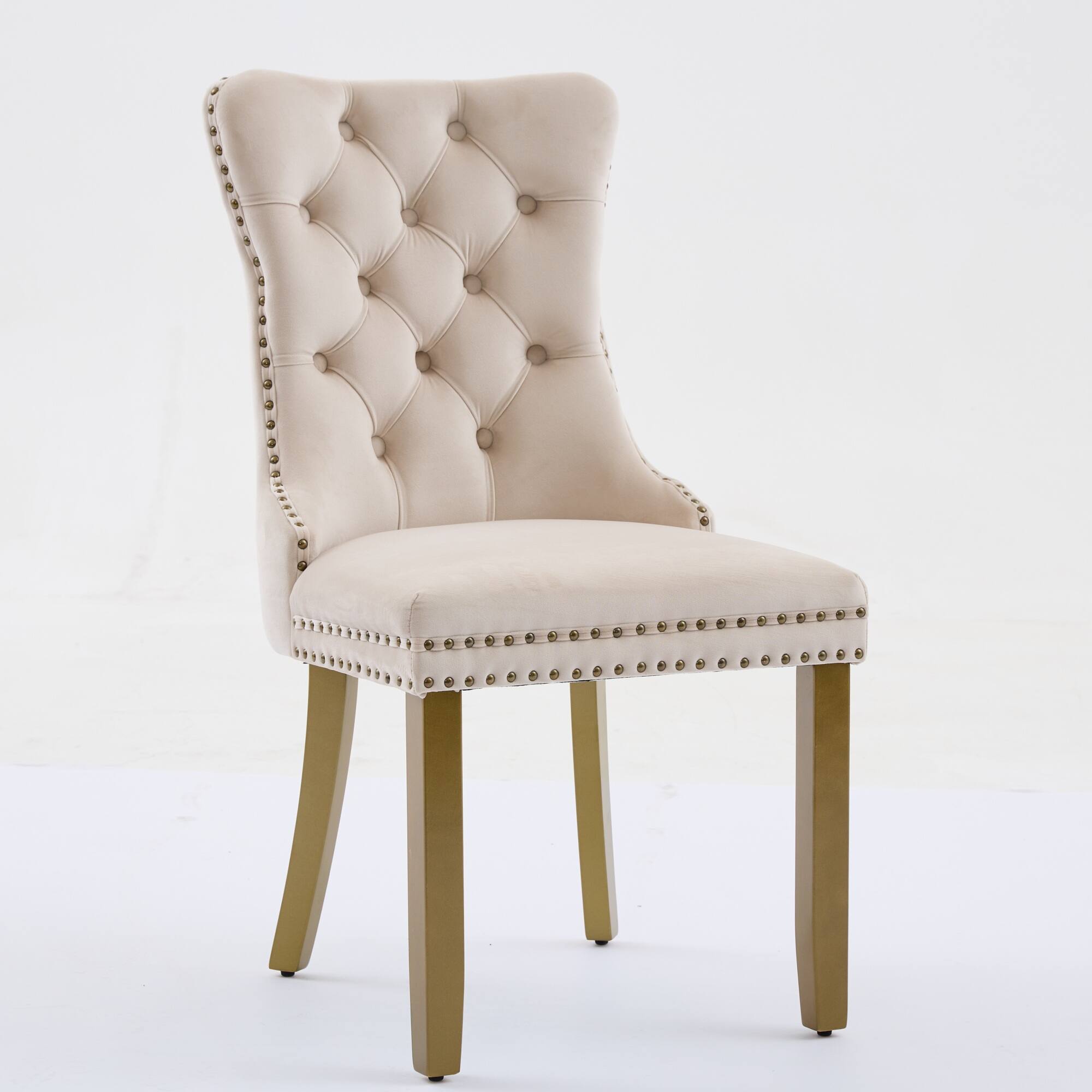 Left. Loheer - Loheer Mid-Century Velvet Dining Chairs Set of 2, Beige Tufted Upholstered Chairs with Lion Head Pull Ring - Beige.