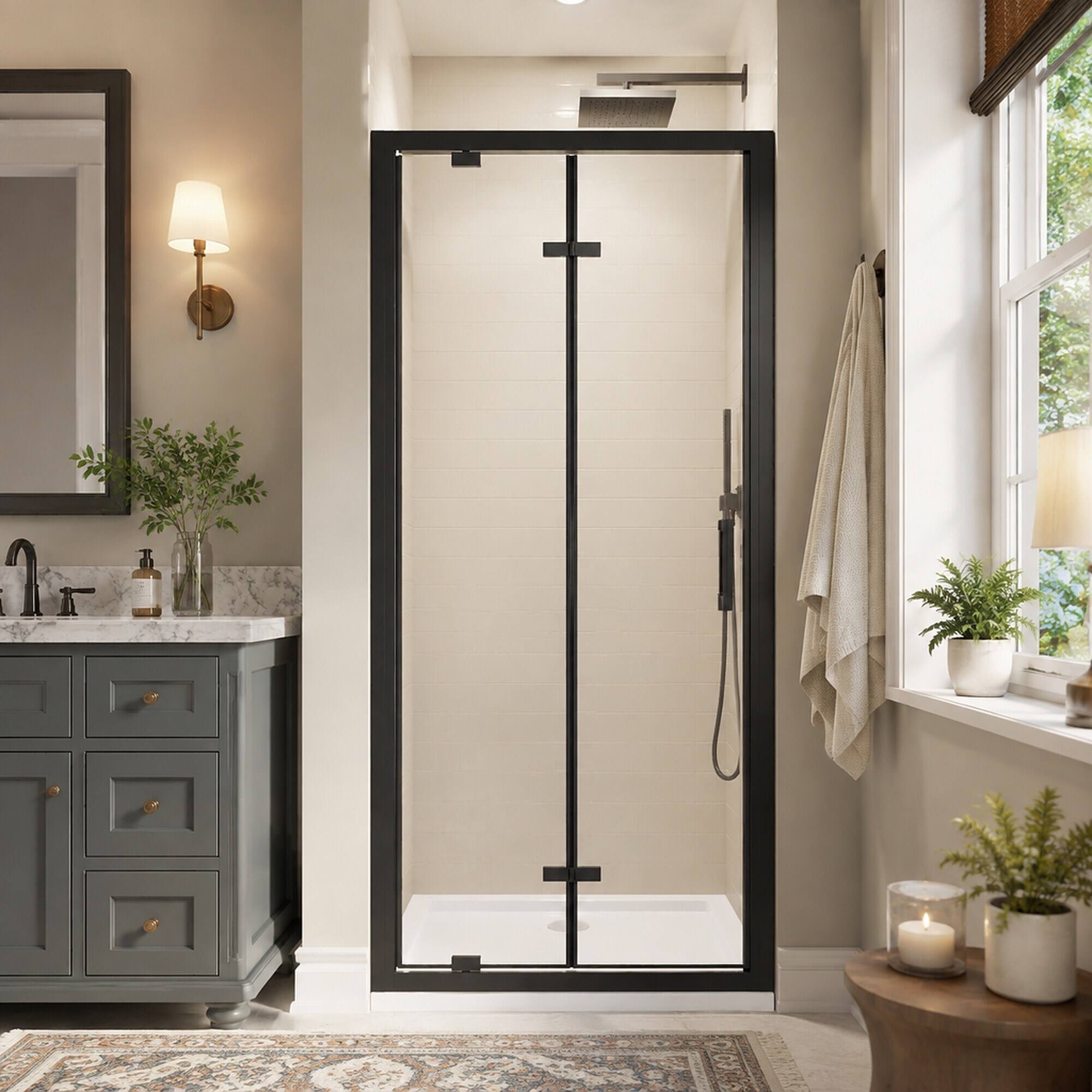 Left. RYHNUYNE - 32 In X 72 In Framed Bi-Fold Pivot Shower Door, 1/4 In Clear Tempered Glass With Handle Black Finish - Matt Black.