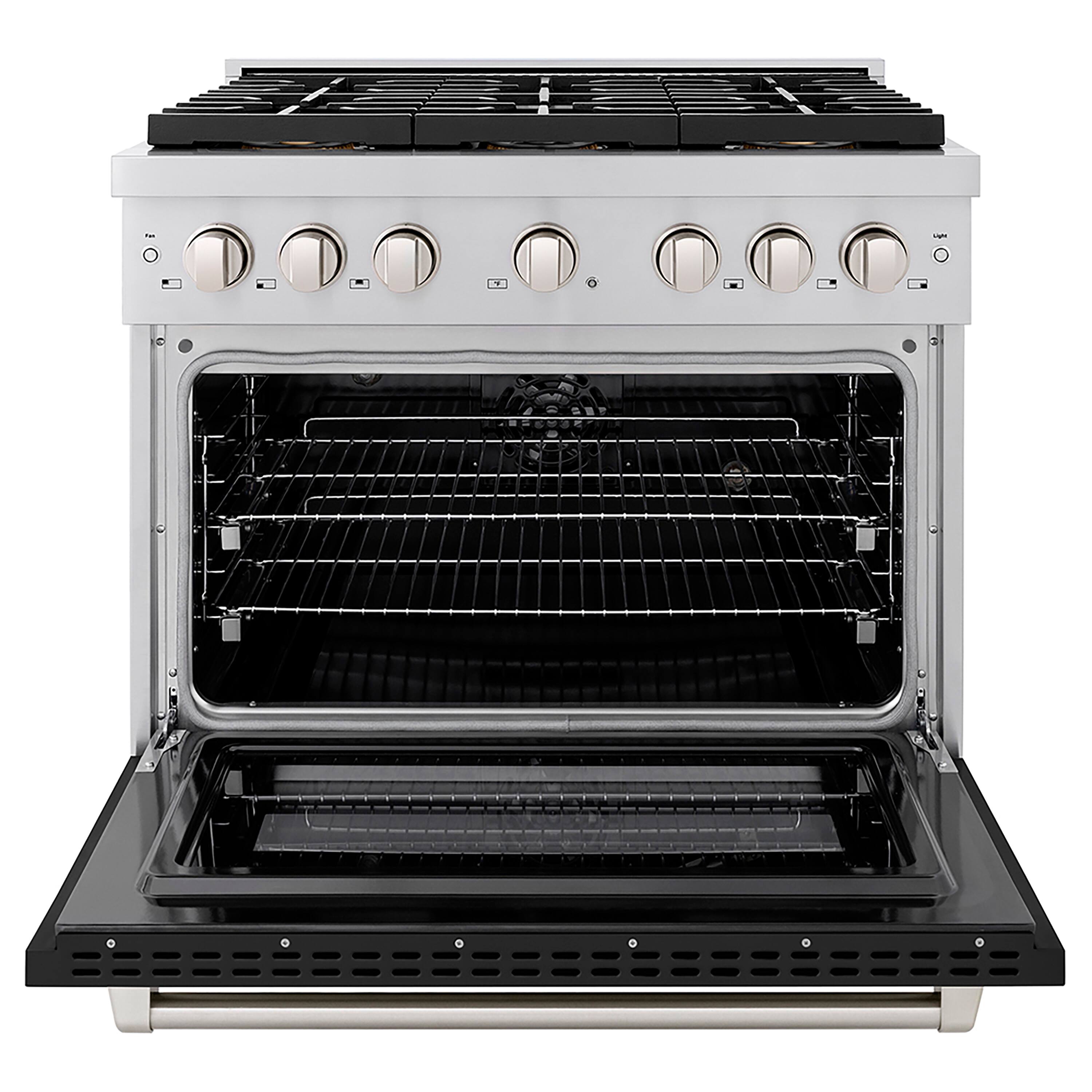 Angle. ZLINE - ZLINE 36 in. Paramount Dual Fuel Range with 6 Burner DuoPro Cooktop & Convection Oven w/ Black Door (PSDR-BLM-36) - Stainless Steel with Black Matte Door.