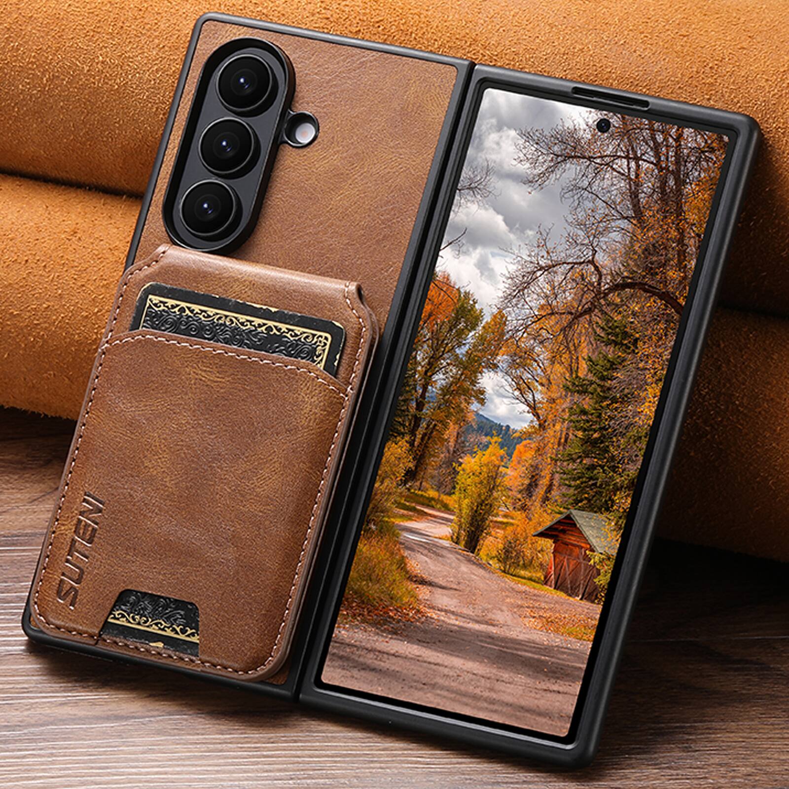 Alt View 1. Dteck - Detachable Wallet Card Case for Samsung Galaxy Z Fold 8 Ultra, Shockproof PU Leather Flip Stand Cover - Brown.