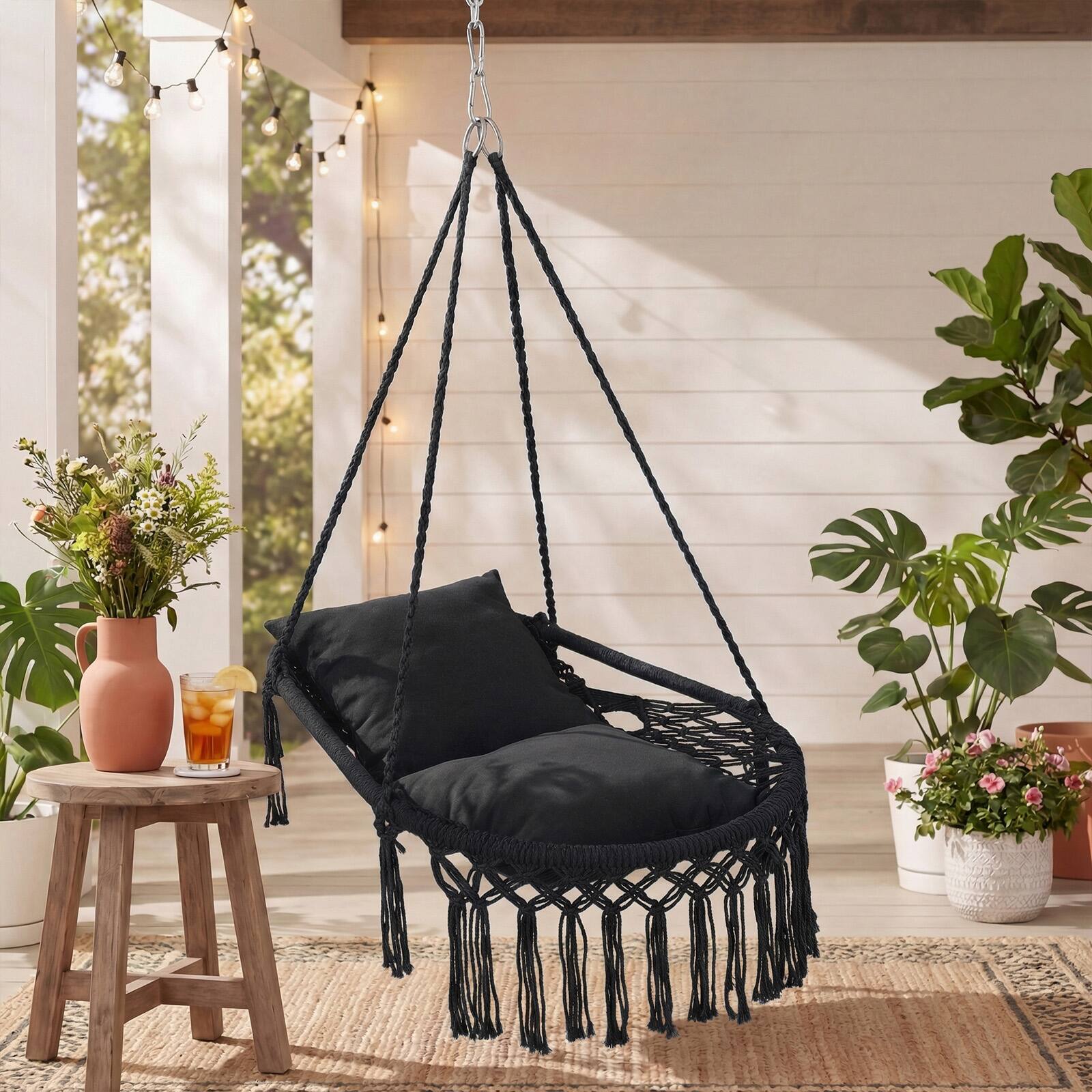 Alt View 3. Costway - Costway Macrame Swing Chair with 2 Removable Cushions, Enduring Polyester Cotton Ropes - Black.