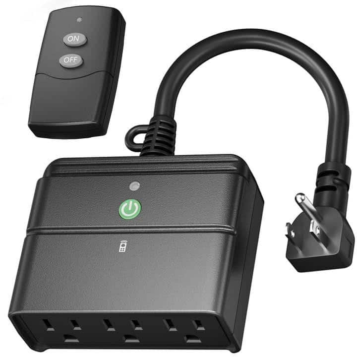 BN-LINK - Outdoor/Indoor Wireless Remote Control 3-Prong Outlet, 3 Grounded Outlets, 6" Cord, 100ft Range, ETL - Black