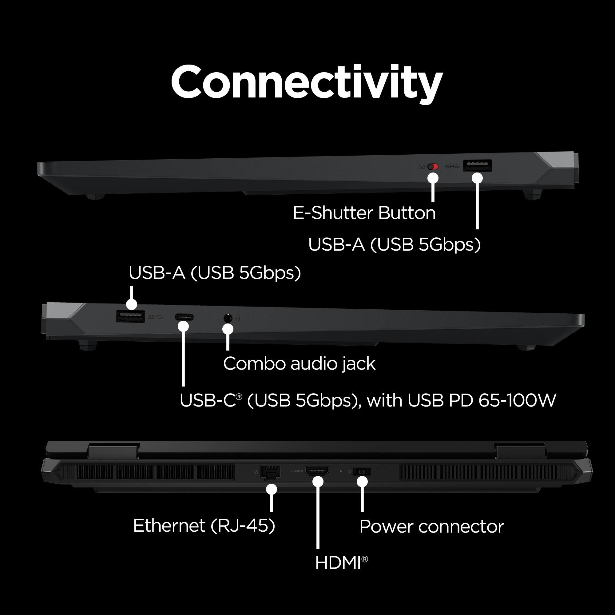 Connectivity

- E-Shutter Button
- USB-A (USB 5Gbps)
- USB-A (USB 5Gbps)
- Combo audio jack
- USB-C (USB 5Gbps), with USB PD 65-100W
- Ethernet (RJ-45)
- Power connector
- HDMI