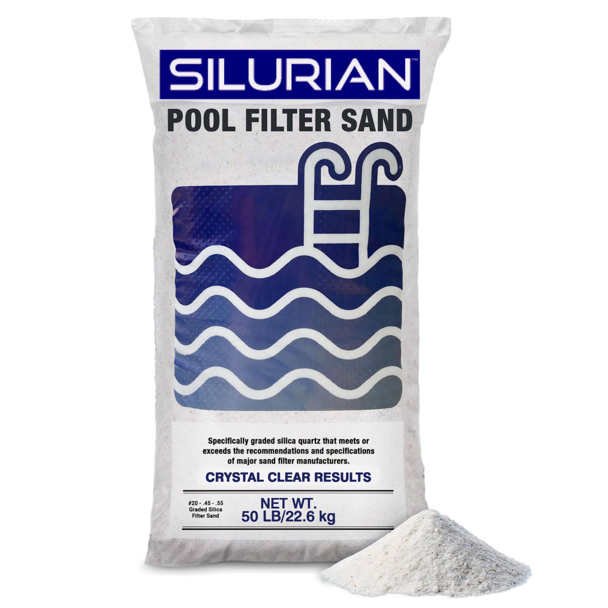 SILURIAN
POOL FILTER SAND
Specifically graded silica quartz that meets or exceeds the recommendations and specifications of major sand filter manufacturers.
CRYSTAL CLEAR RESULTS
20-45-.55
Graded Silica Filter Sand
NET WT.
50 LB/22.6 kg