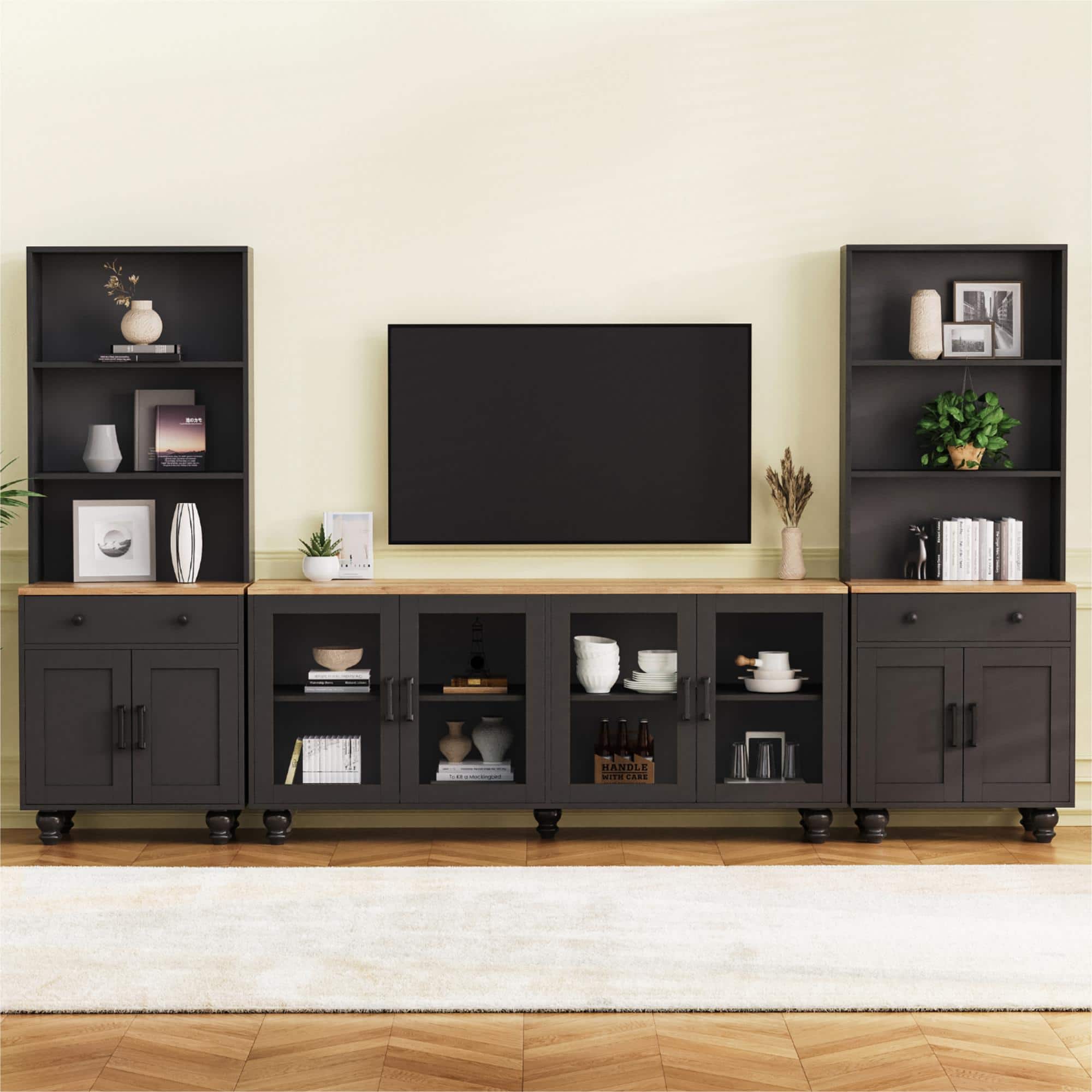 CheryLife - 62.9 in. Farmhouse TV Stand with Bookshelves and Tempered Glass Doors for TVs Up to 70" - Black