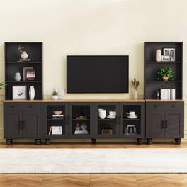 CheryLife - 62.9 in. Farmhouse TV Stand with Bookshelves and Tempered Glass Doors for TVs Up to 70" - Black