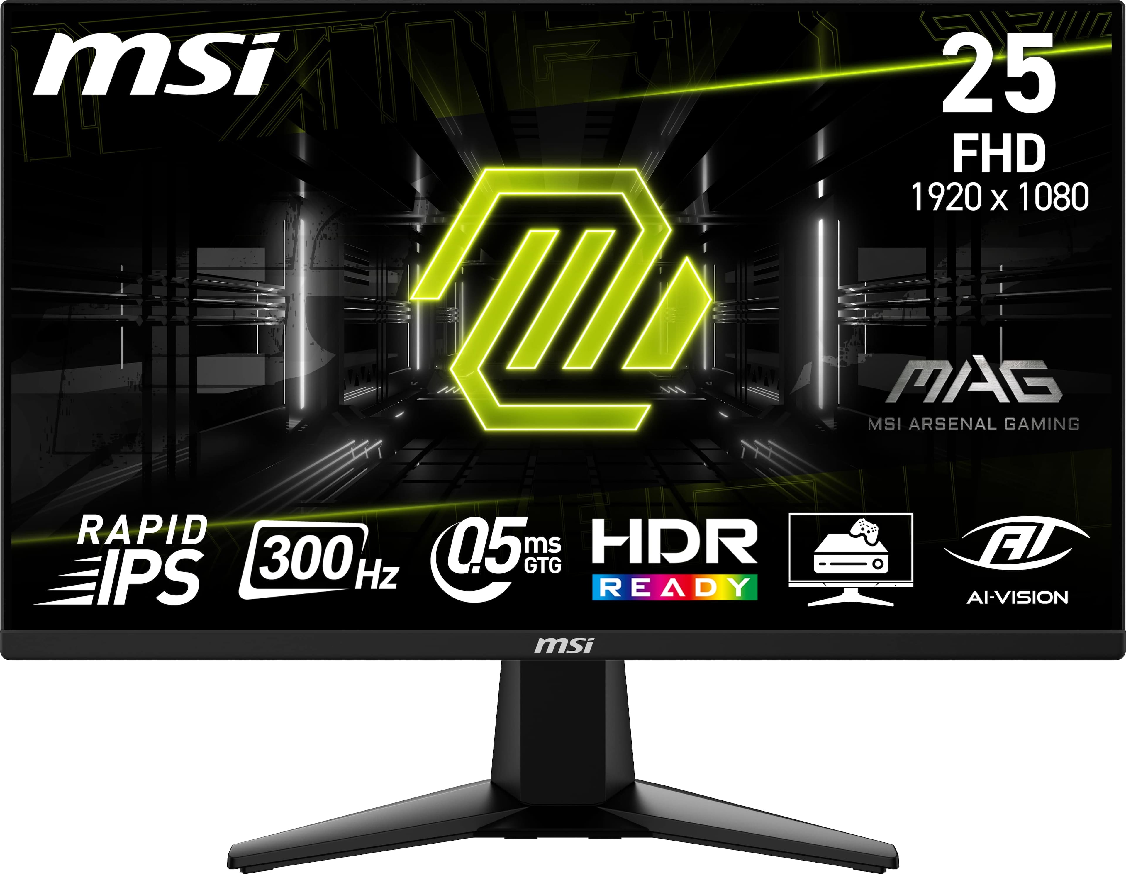 The text on the image reads: "MSI 25 FHD 1920 x 1080 MAS MSI Arsenal Gaming."