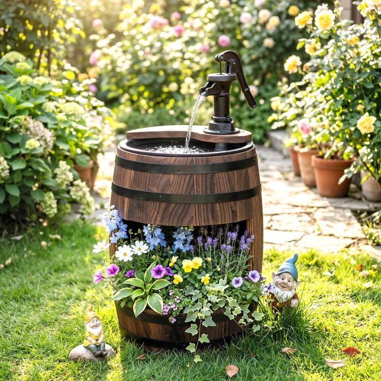 Alt View 1. PULUZ - 23 inch H Outdoor Water Fountain Wood and Plastic Rustic Apple Barrel Pump Garden Decor for Outside Backyard.